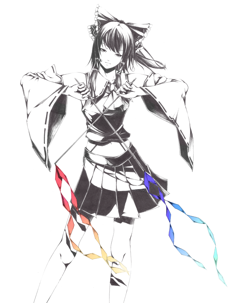 sousou (sousouworks), hakurei reimu, touhou, 1girl, bow, cross, detached sleeves, female focus, full body, gohei, hair bow, head tilt, japanese clothes, midriff, miko, monochrome, navel, simple background, skirt, solo, spot color, standing