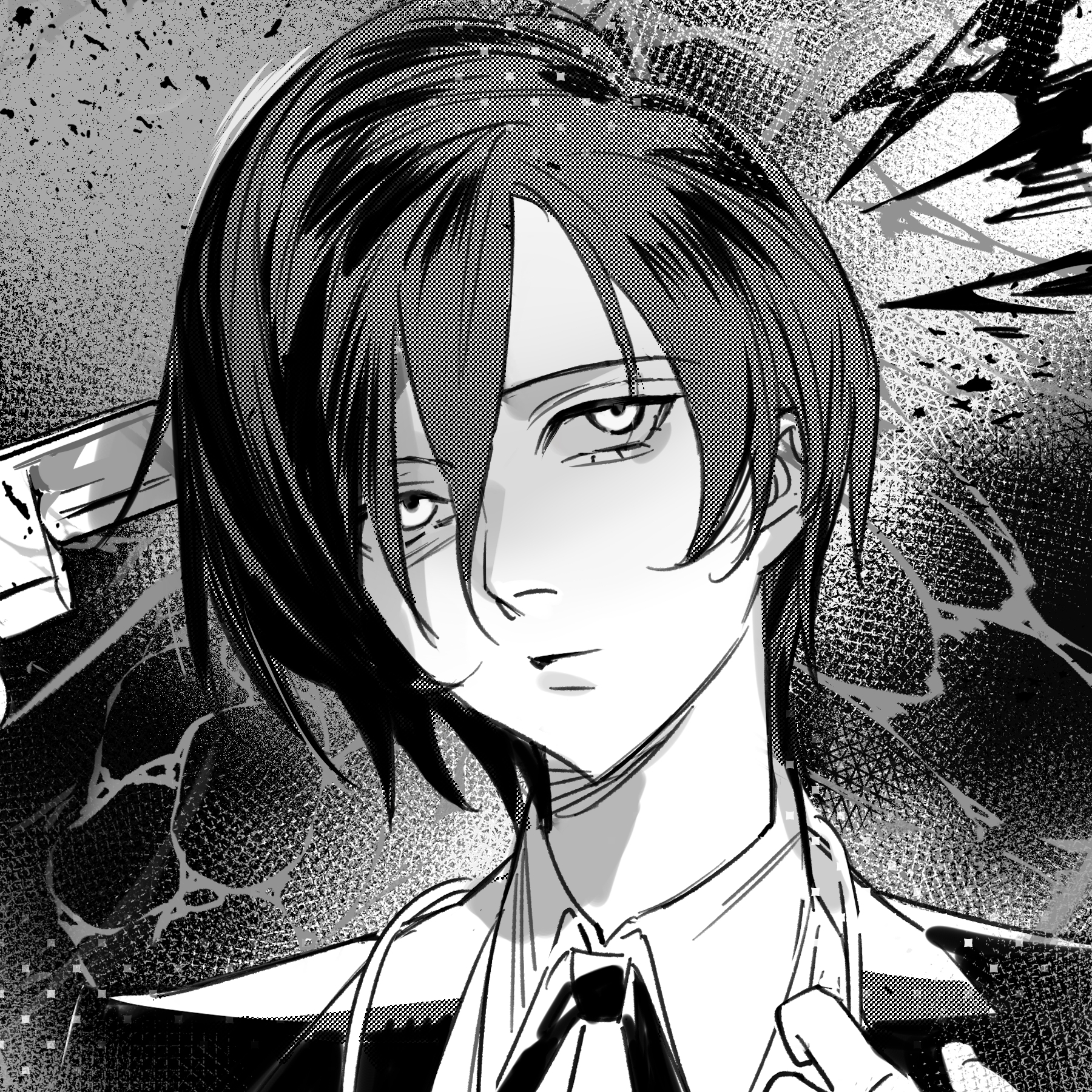 lin09, yuuki makoto (persona 3), persona, persona 3, chinese commentary, commentary request, highres, 1boy, closed mouth, collared shirt, expressionless, greyscale, gun to head, hair between eyes, jacket, male focus, monochrome, neck ribbon, portrait, ribbon, sanpaku, screentones, shirt, short hair, solo