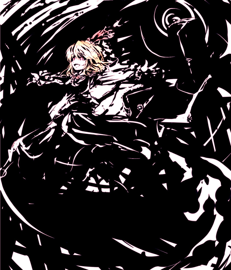 suisai (suisao), rumia, embodiment of scarlet devil, touhou, 1girl, blonde hair, female focus, hair ribbon, monochrome, outstretched arms, red eyes, ribbon, solo, spot color, spread arms