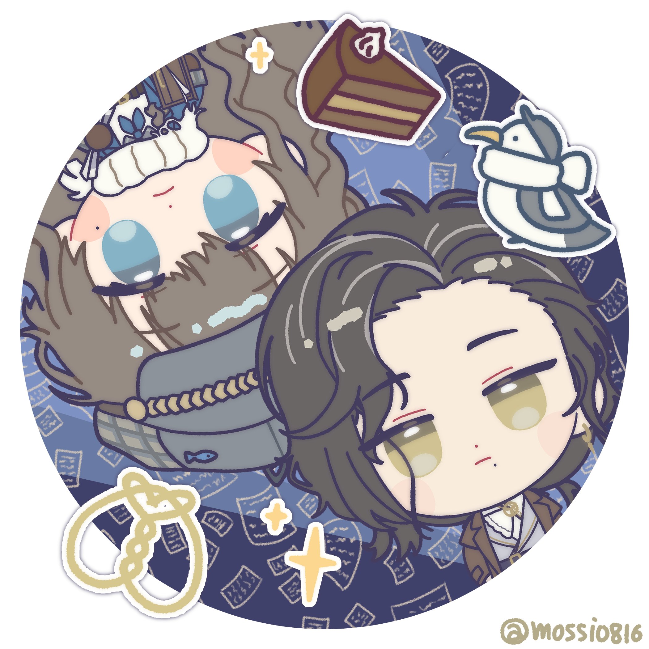 mossi (mossi0816), greta hofmann, marcus (reverse:1999), reverse:1999, highres, 2girls, :|, ascot, bird, black hair, blue background, blue eyes, brown coat, brown hair, cake, cake slice, chibi, chocolate cake, closed mouth, coat, food, grey hat, grey jacket, hat, hofmann knot, jacket, long hair, looking at viewer, mole, mole under eye, mole under mouth, multiple girls, newsboy cap, rotational symmetry, round image, sachertorte (food), scarf, seagull, shirt, sparkle, twitter username, upper body, upside-down, white ascot, white scarf, white shirt, yellow eyes