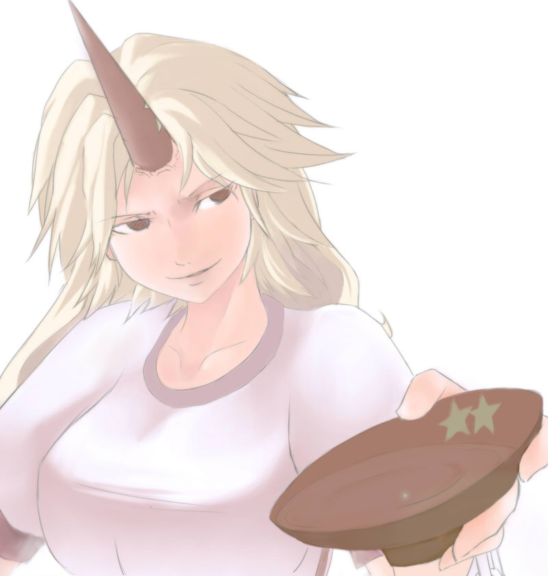 suisai (suisao), hoshiguma yuugi, touhou, 1girl, alcohol, blonde hair, breasts, cup, female focus, horns, long hair, red eyes, sakazuki, sake, simple background, single horn, solo, white background