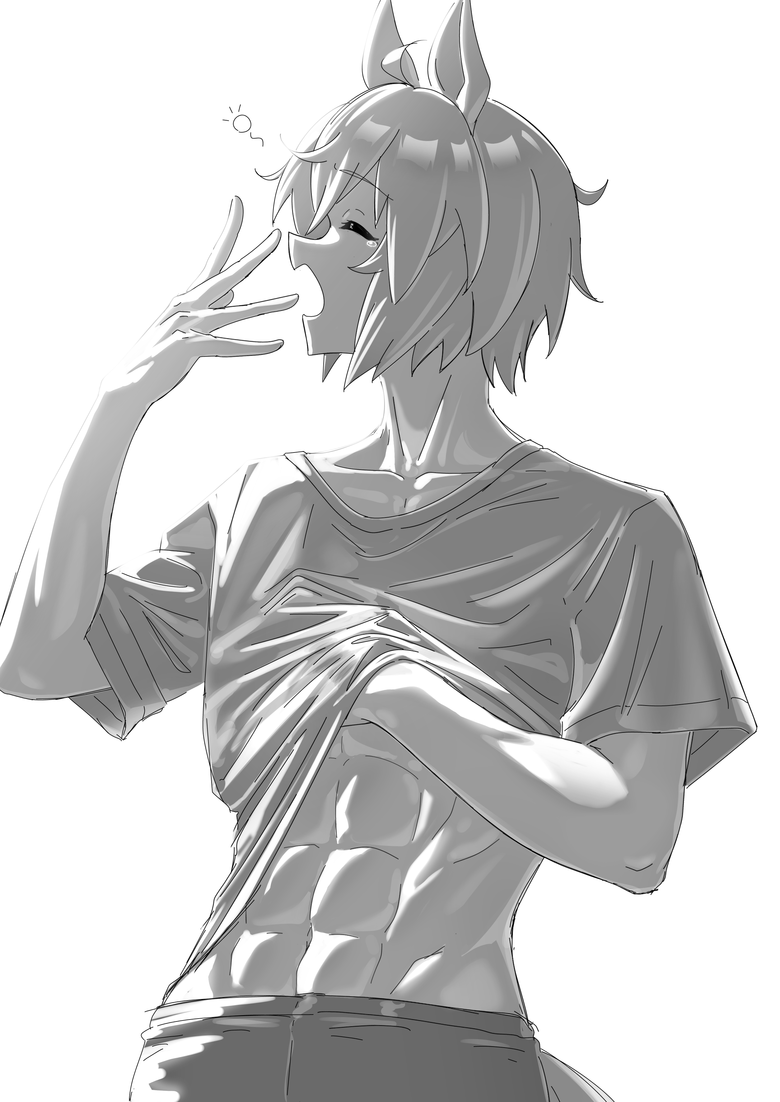 senchan 7, seiun sky (umamusume), umamusume, absurdres, commentary, highres, 1girl, abs, animal ears, closed eyes, greyscale, hand under clothes, hand under shirt, horse ears, horse girl, midriff, monochrome, muscular, muscular female, navel, profile, shirt, simple background, sleepy, solo, squeans, white background, yawning