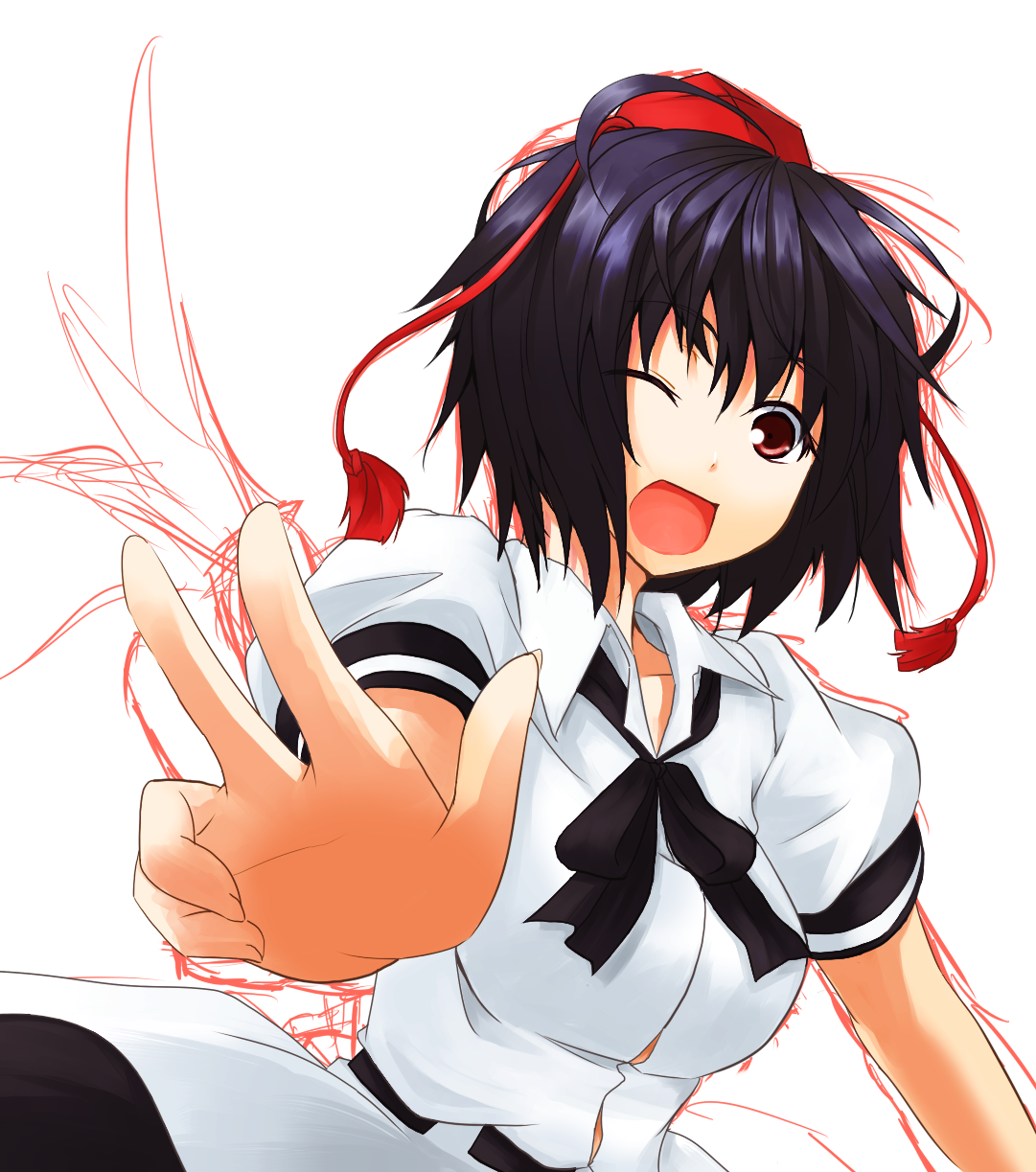 kinsenka, shameimaru aya, touhou, bad id, bad pixiv id, highres, 1girl, black hair, female focus, hat, one eye closed, open mouth, red eyes, short hair, simple background, solo, tokin hat, v, white background, wink