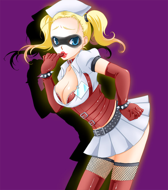 taka tsuka, harley quinn, batman: arkham, batman: arkham asylum, batman (series), dc comics, 1girl, animification, belt, blonde hair, blue eyes, bracelet, breasts, cleavage, collar, female focus, fishnets, gloves, hat, jewelry, lipstick, long hair, makeup, mask, miniskirt, nurse, nurse cap, skirt, solo, spiked bracelet, spikes, thighhighs, twintails, wristband