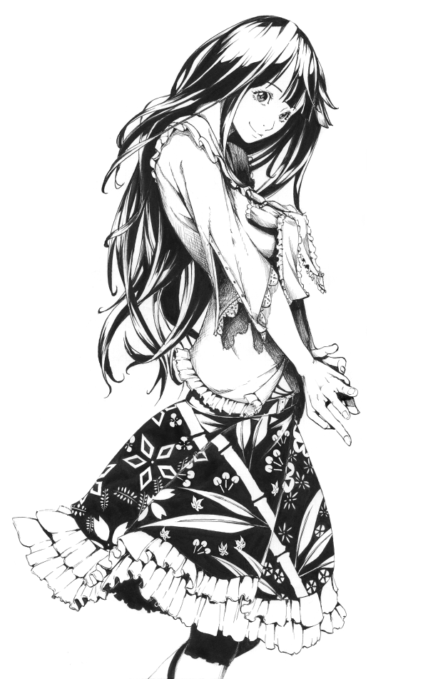 sousou (sousouworks), houraisan kaguya, touhou, 1girl, black hair, closed mouth, female focus, floral print, frilled skirt, frills, greyscale, lace-trimmed sleeves, lace trim, long hair, monochrome, print skirt, simple background, skirt, smile, solo, very long hair, white background