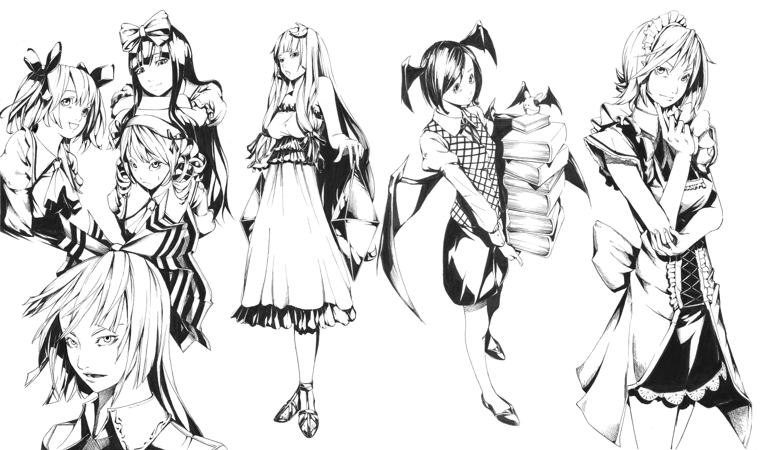 sousou (sousouworks), fujiwara no mokou, izayoi sakuya, koakuma, luna child, patchouli knowledge, star sapphire, sunny milk, embodiment of scarlet devil, perfect memento in strict sense, touhou, 6+girls, bat wings, book, dress, female focus, greyscale, lineart, maid, monochrome, multiple girls, white background, wings