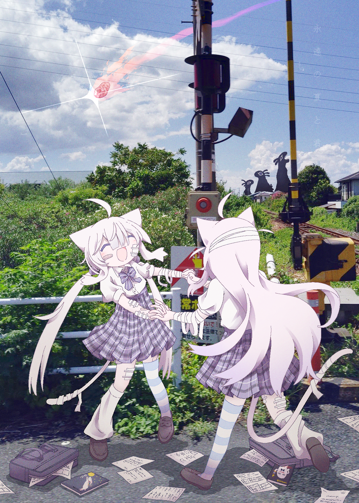 ashi izumo, original, commentary request, highres, 2girls, ^ ^, ahoge, animal ears, bag, bandaged arm, bandages, bandaid, bandaid on cheek, bandaid on face, book, cat ears, cat girl, closed eyes, crazy, dancing, day, full body, gauze, gauze on arm, gauze on cheek, gauze on leg, holding hands, long hair, meteor, miniskirt, multiple girls, open mouth, outdoors, paper, photo background, plaid clothes, plaid skirt, railroad crossing, school bag, school uniform, short sleeves, single leg warmer, single thighhigh, skirt, smile, thighhighs, twintails, very long hair, white hair, yuri