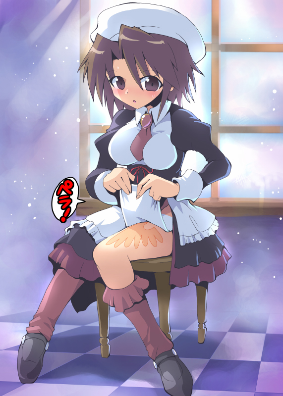 kurogarasu, shannon (umineko), umineko no naku koro ni, 00s, brown eyes, brown hair, hat, maid, sitting, tattoo