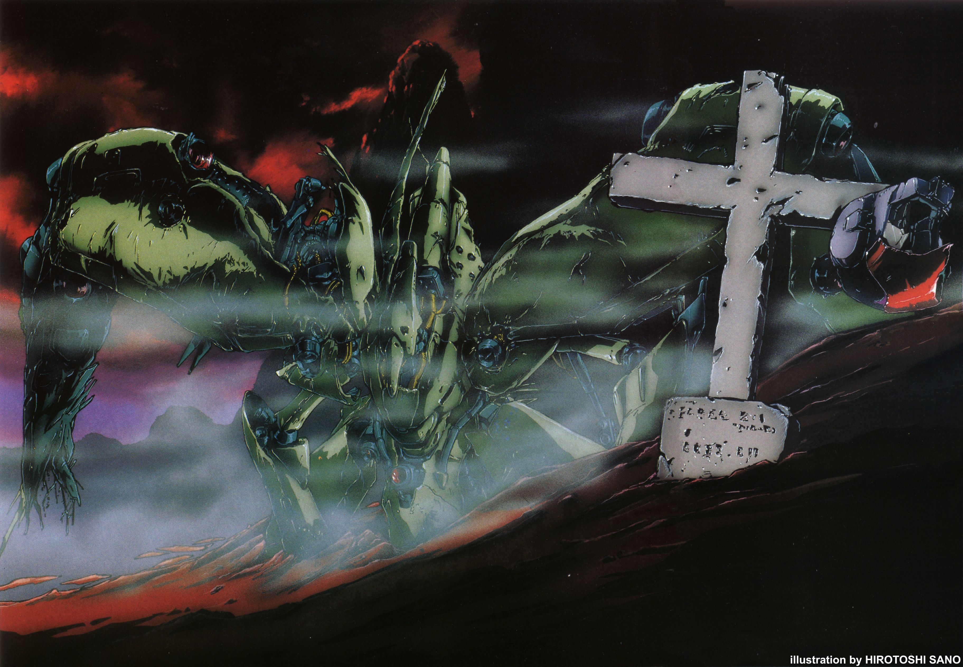 sano hirotoshi, anavel gato, neue ziel, gundam, gundam 0083, 1980s (style), absurdres, highres, scan, spoilers, traditional media, 1990s (style), after battle, artist name, beam cannon, cable, cross, defeat, destruction, dirty, english text, fog, good end, grave, helmet, machinery, mecha, mecha focus, mobile armor, night, no humans, oldschool, retro artstyle, robot, science fiction, space helmet, tombstone, wreckage, zeon