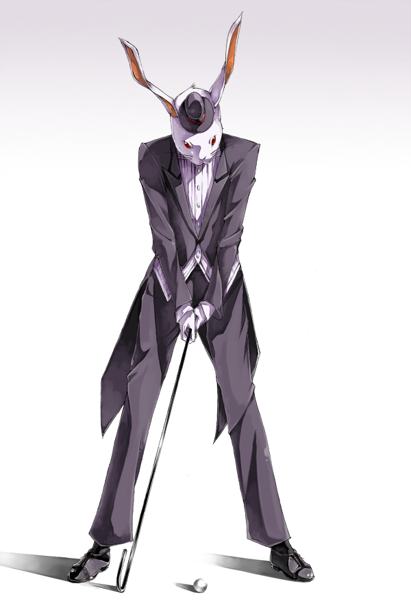 sousou (sousouworks), laplace's demon (rozen maiden), rozen maiden, 00s, 1boy, cane, formal clothes, full body, golf, male focus, rabbit, simple background, solo, standing