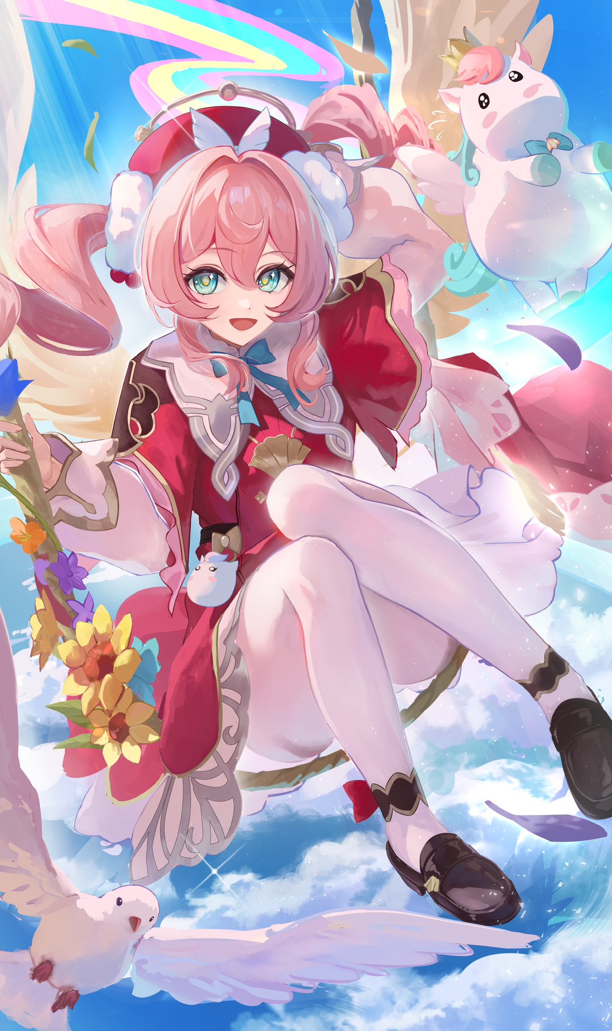 otabaaa, hyacine (honkai: star rail), little ica (honkai: star rail), honkai: star rail, honkai (series), commentary request, highres, 1girl, aqua bow, aqua bowtie, aqua eyes, arm behind head, bird, black shoes, blue sky, bow, bowtie, capelet, cloud, dress, hat, loafers, long sleeves, looking at viewer, medium hair, on swing, open mouth, pantyhose, pink hair, rainbow, red capelet, red dress, red hat, shoes, sky, smile, solo, swing, twintails, white pantyhose