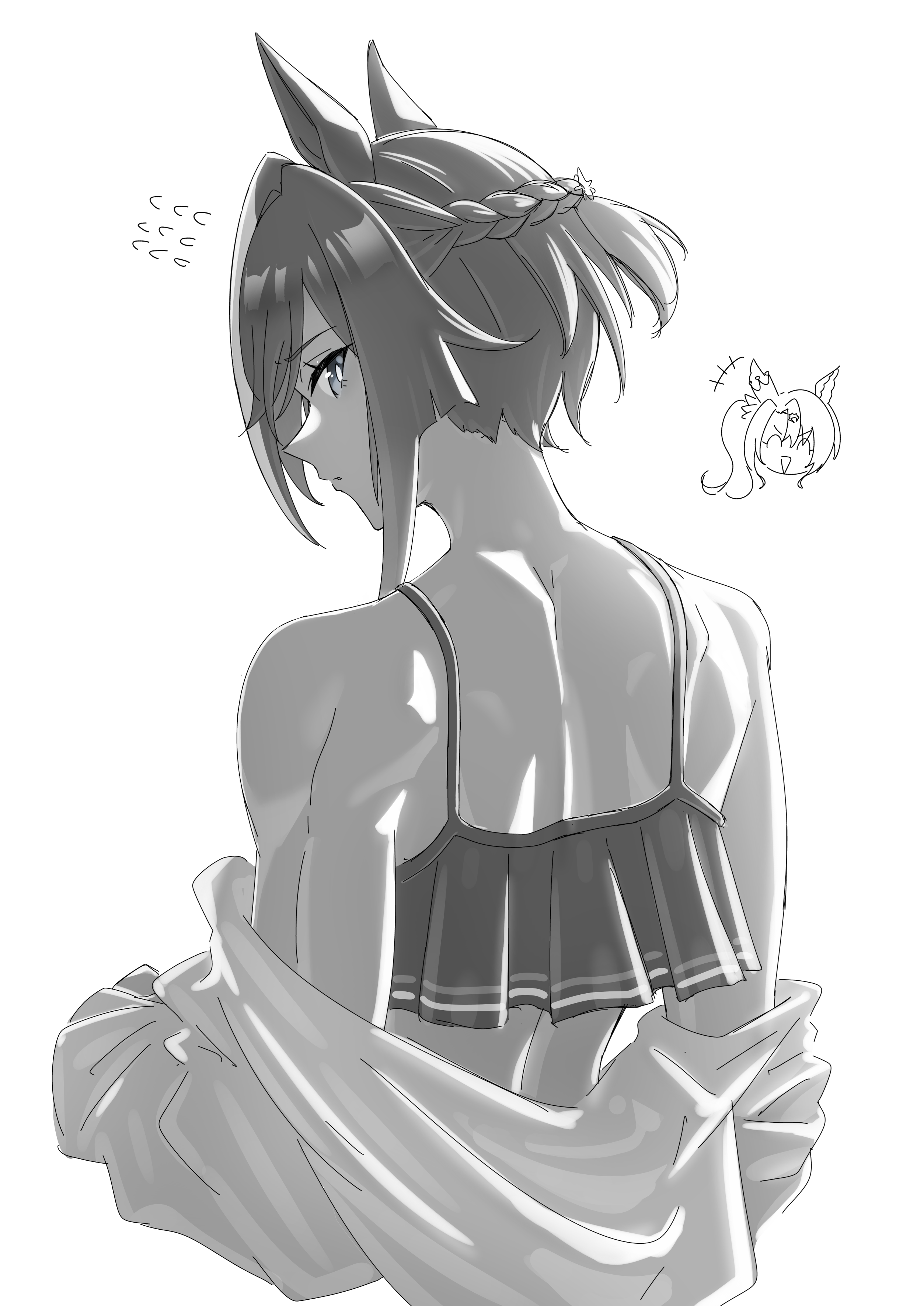 senchan 7, cheval grand (umamusume), umamusume, absurdres, commentary, highres, animal ears, back, cropped torso, doodle inset, frilled shirt, frills, from behind, horse ears, horse girl, jacket, looking at viewer, muscular, muscular female, off shoulder, shirt, sideways glance, white background