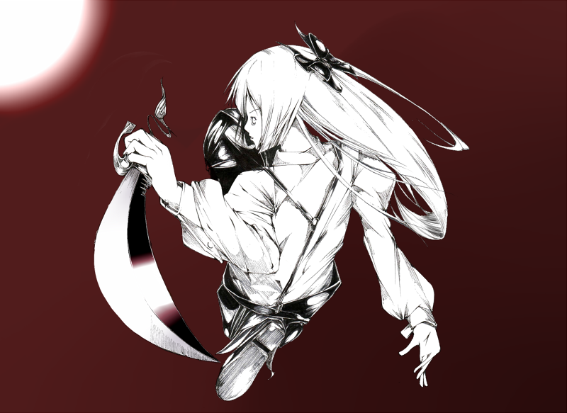 sousou (sousouworks), fujiwara no mokou, touhou, 1girl, female focus, foreshortening, monochrome, scimitar, solo, sword, weapon