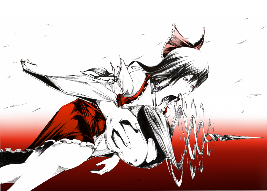 sousou (sousouworks), hakurei reimu, touhou, 1girl, female focus, foreshortening, gradient background, monochrome, needle, red background, solo, white background