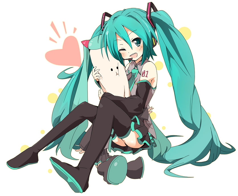 ixy, hatsune miku, figma, vocaloid, 1girl, aqua hair, blush, boots, female focus, hug, long hair, one eye closed, solo, thigh boots, thighhighs, twintails, wink