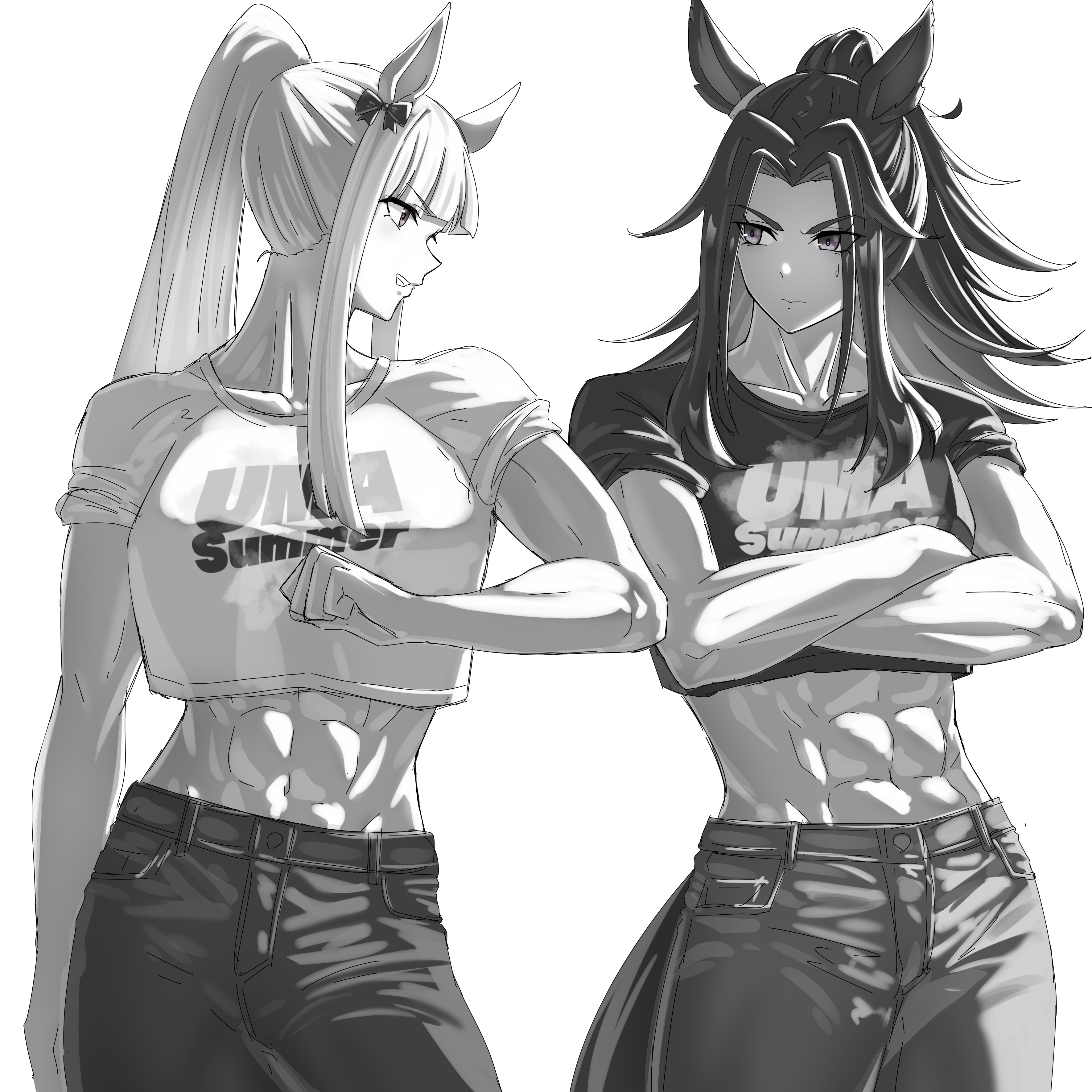 senchan 7, fenomeno (umamusume), gold ship (umamusume), umamusume, absurdres, commentary, highres, abs, animal ears, blunt bangs, bow, breasts, closed mouth, cropped shirt, crossed arms, greyscale, horse ears, horse girl, horse tail, long hair, midriff, monochrome, multiple girls, muscular, muscular female, navel, pants, parted lips, ponytail, shirt, short sleeves, simple background, smile, tail, teeth, white background