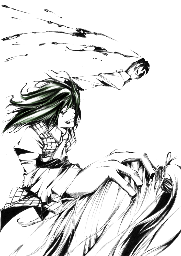 sousou (sousouworks), kazami yuuka, touhou, 1girl, ascot, battle, blood, claws, crazy smile, female focus, foreshortening, green hair, greyscale, grin, head grab, monochrome, plaid clothes, plaid vest, smile, solo, teeth, vest