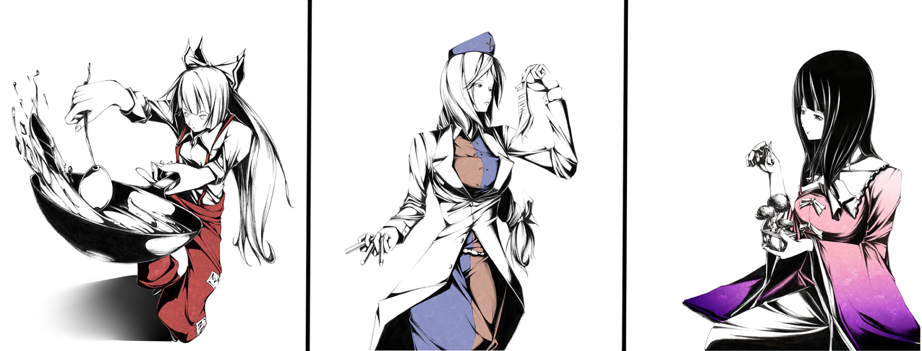 sousou (sousouworks), fujiwara no mokou, houraisan kaguya, yagokoro eirin, touhou, silver hair, highres, 3girls, black hair, blush, braid, female focus, foreshortening, from behind, long hair, long sleeves, multiple girls, simple background, single braid, split screen, very long hair, white background