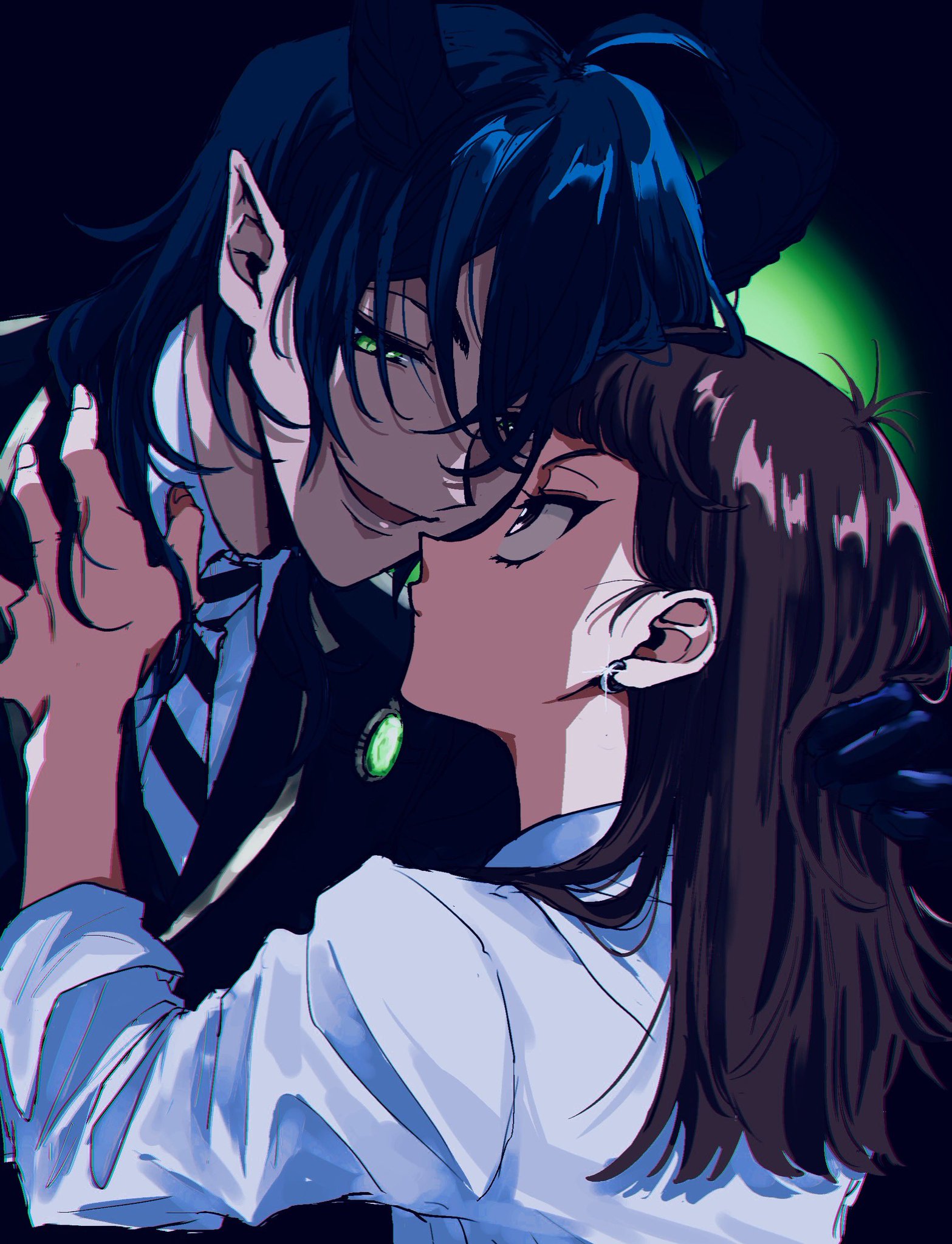 malleus draconia, yuu (twisted wonderland), twisted wonderland, commentary request, highres, 1boy, 1girl, 7skk, ahoge, black gloves, black jacket, blazer, blue background, blue hair, brown eyes, brown hair, chromatic aberration, collared shirt, crossed bangs, diagonal-striped clothes, diagonal-striped necktie, earrings, eye contact, face-to-face, fingernails, from behind, glint, gloves, gold trim, green eyes, hair between eyes, hand in another's hair, hand on another's shoulder, hand up, height difference, hetero, hoop earrings, horns, hunched over, jacket, jewelry, long hair, looking at another, magic pen (twisted wonderland), necktie, night raven college school uniform, open mouth, pale skin, pointy ears, school uniform, shirt, short bangs, silver earrings, sleeves rolled up, smile, striped clothes, swept bangs, upper body, v-shaped eyebrows, white shirt, wispy bangs