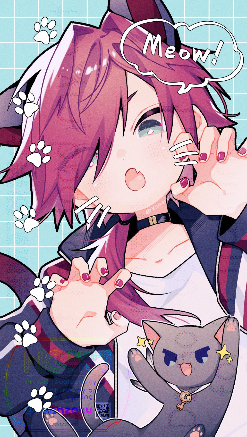 vsanzoku, lauren iroas, nijisanji, commentary, highres, symbol-only commentary, 1boy, animal ears, black cat, black choker, cat, cat ears, cat tail, choker, drawn whiskers, eyes visible through hair, green eyes, grid background, hair between eyes, hair intakes, hair over one eye, jacket, kemonomimi mode, long sleeves, looking at viewer, open clothes, open jacket, open mouth, paw pose, paw print, red hair, red nails, shirt, solo, speech bubble, tail, upper body, virtual youtuber, white shirt