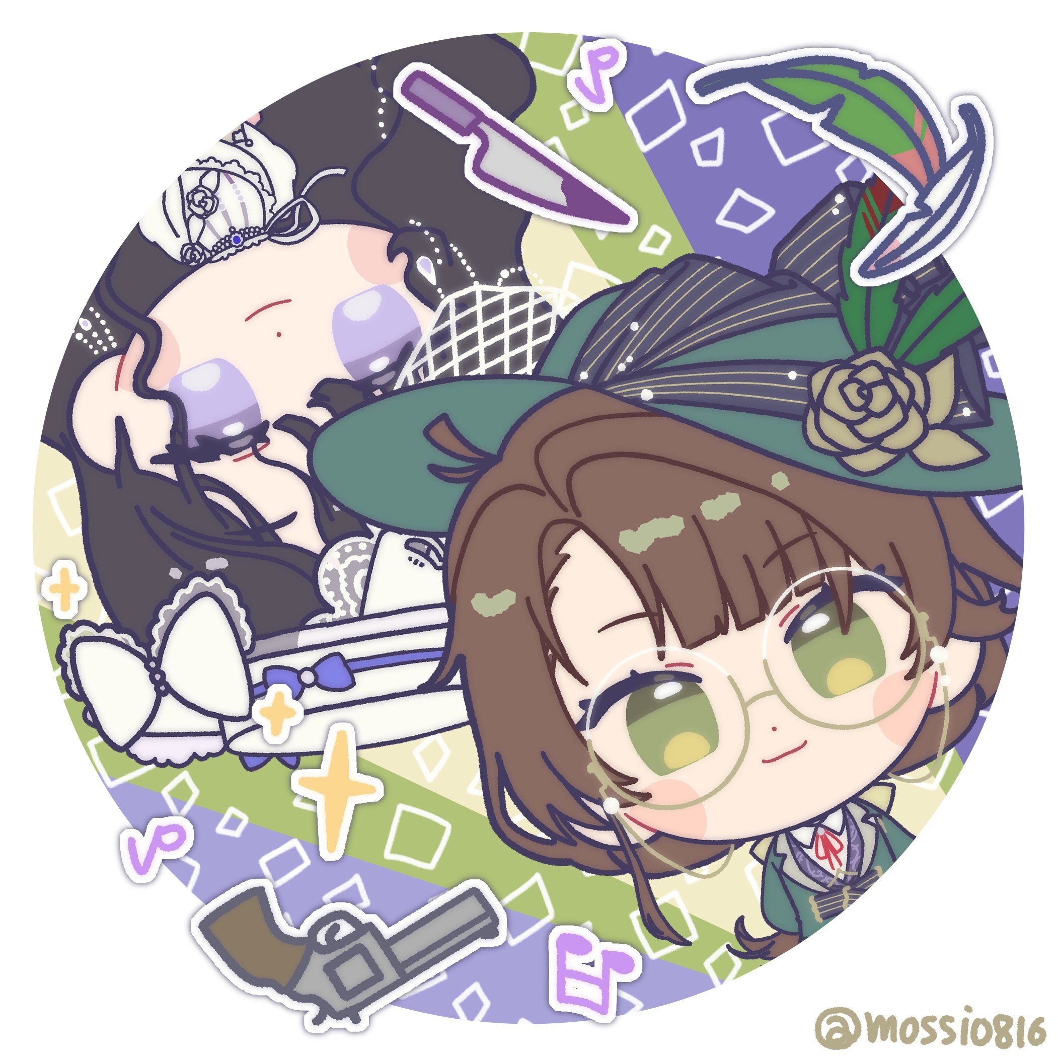 mossi (mossi0816), isolde (reverse:1999), kakania (reverse:1999), reverse:1999, commentary request, highres, korean commentary, revision, 2girls, beamed sixteenth notes, black hair, bow, brown hair, chibi, closed mouth, dress, eighth note, feathers, flower, glasses, green background, green eyes, green feathers, green hat, green jacket, gun, handgun, hat, hat bow, hat feather, hat flower, jacket, long hair, looking at viewer, multiple girls, musical note, neck ribbon, purple eyes, red ribbon, revolver, ribbon, rotational symmetry, round eyewear, round image, shirt, smile, sparkle, table knife, twitter username, upper body, upside-down, veil, weapon, white bow, white dress, white hat, white shirt, white veil, yellow flower