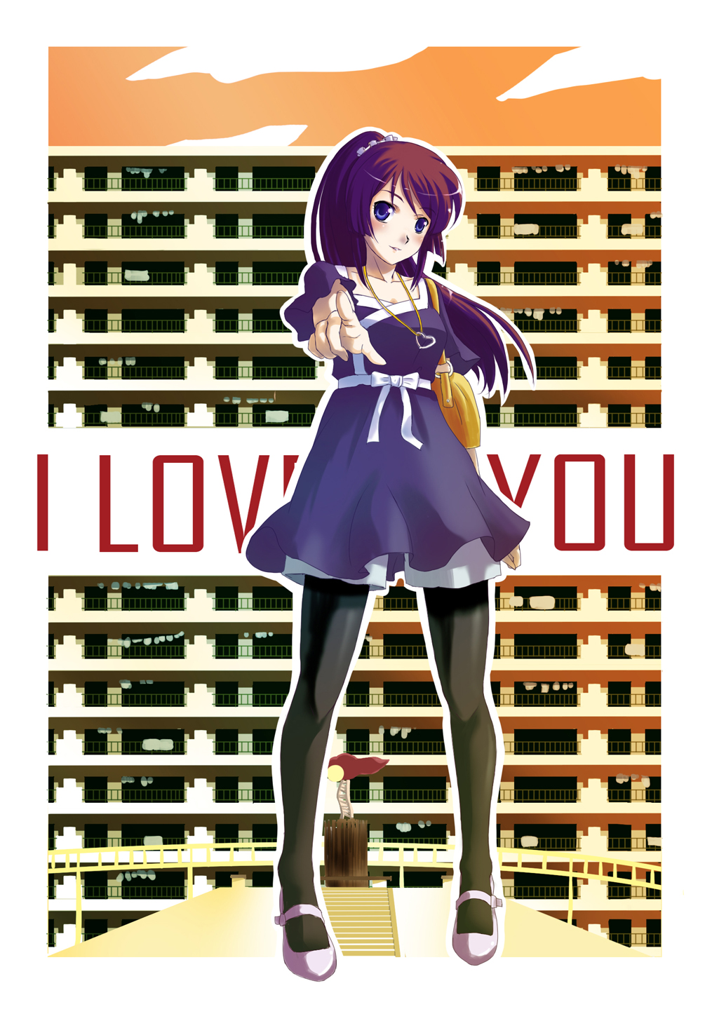 mizuki (mizuki ame), senjougahara hitagi, bakemonogatari, monogatari (series), highres, 00s, 1girl, bag, blue eyes, dress, female focus, handbag, heart, jewelry, long hair, necklace, pantyhose, ponytail, purple hair, shoes, solo, thighhighs