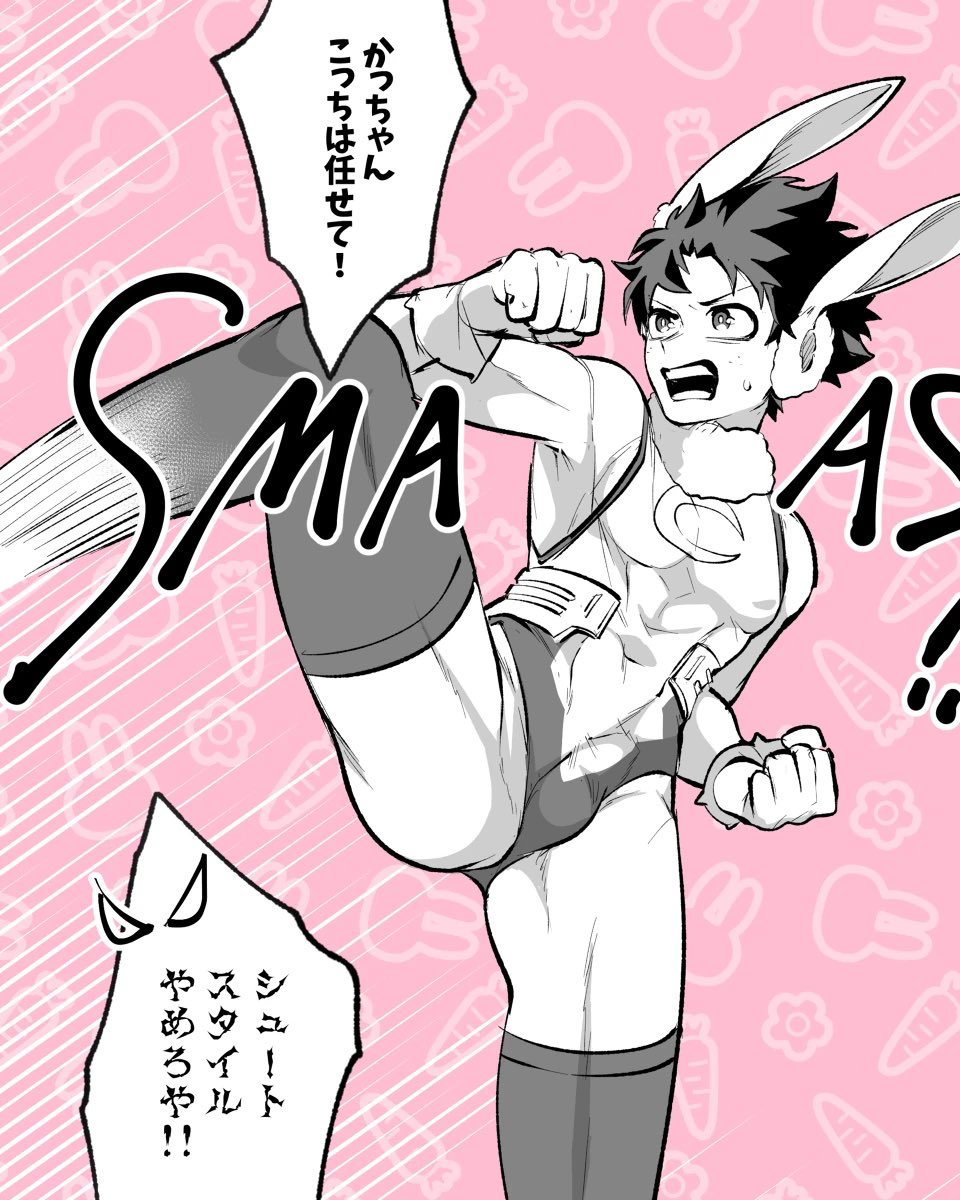 inata929, midoriya izuku, boku no hero academia, highres, 1boy, bare legs, gloves, japanese text, kicking, leotard, male focus, mirko (cosplay), open mouth, pink background, rabbit ears, shirt, short hair, sleeveless, sleeveless shirt, solo, speech bubble, superhero costume, sweatdrop, thighhighs, tight clothes