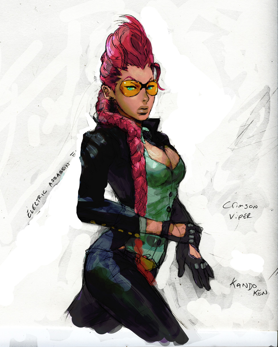 steven mack, crimson viper, street fighter, street fighter iv, highres, braid, formal clothes, glasses, gloves, pink hair, pompadour, sketch, suit