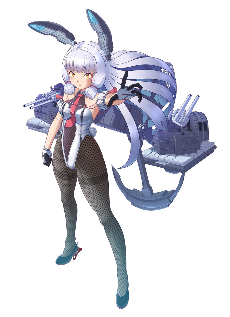 moke ro, murakumo (kancolle), murakumo kai ni (kancolle), kantai collection, commentary request, 1girl, adapted costume, anchor, black leotard, black pantyhose, blunt bangs, breasts, covered navel, fishnet pantyhose, fishnets, floating headgear, gloves, grey hair, hair ribbon, headgear, leotard, long hair, medium breasts, multicolored leotard, orange eyes, pantyhose, playboy bunny, ribbon, rigging, sidelocks, solo, thighband pantyhose, tress ribbon, two-tone leotard, very long hair, white leotard