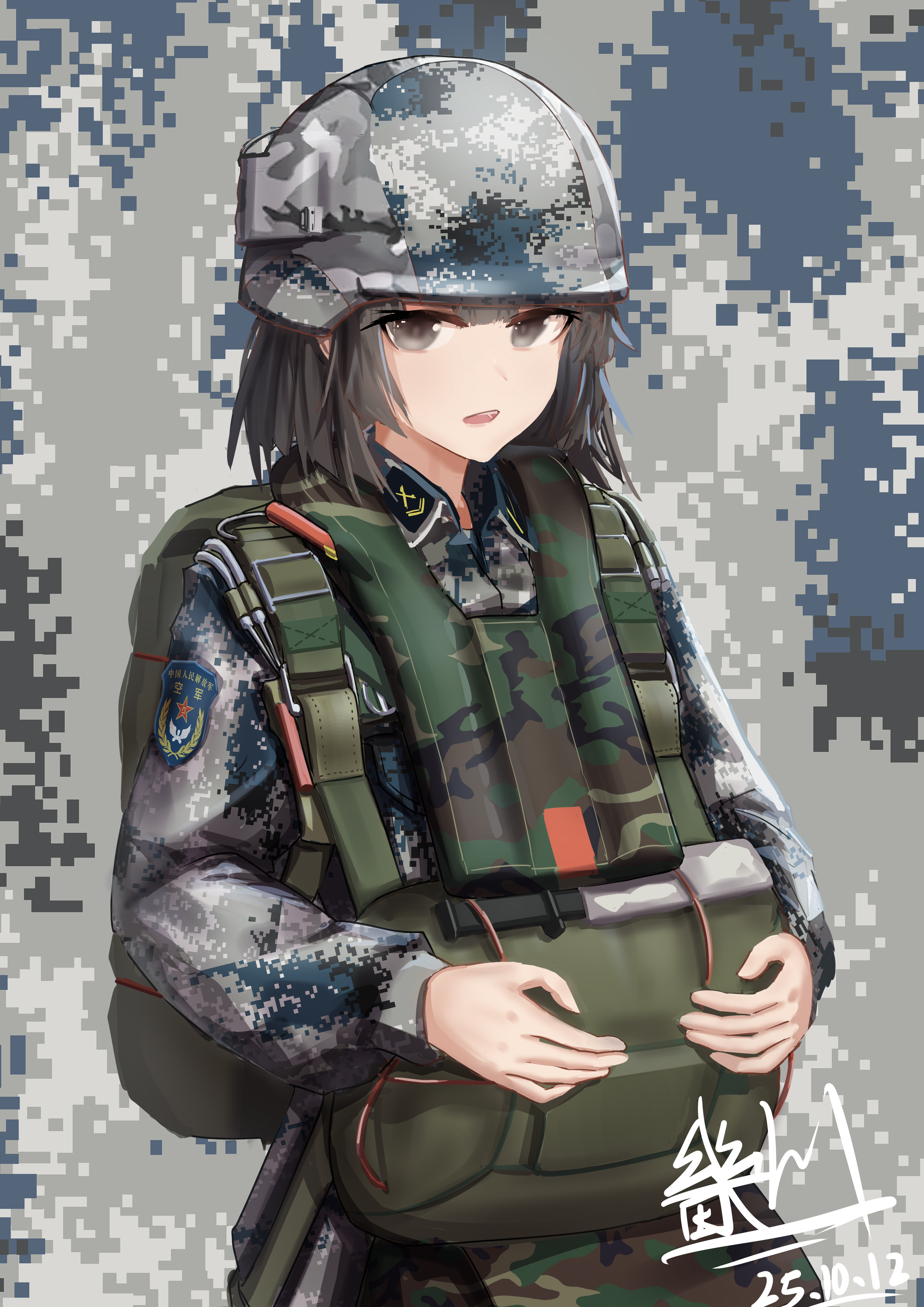 miliki, original, absurdres, highres, 1girl, backpack, bag, camouflage, camouflage background, dated, digital camouflage, grey eyes, helmet, looking at viewer, military combat uniform, military uniform, people's liberation army, signature, solo