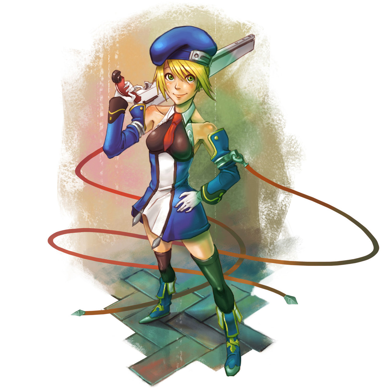 bakanaartist, noel vermillion, arc system works, blazblue, blue footwear, blue headwear, highres, 1girl, black thighhighs, blonde hair, blue dress, blue eyes, blush, boots, breasts, collarbone, colorful, detached sleeves, dress, gloves, gun, hand on own hip, hat, long sleeves, looking at viewer, necktie, red necktie, short hair, sleeveless, sleeveless dress, small breasts, smile, standing, thighhighs, weapon, white gloves