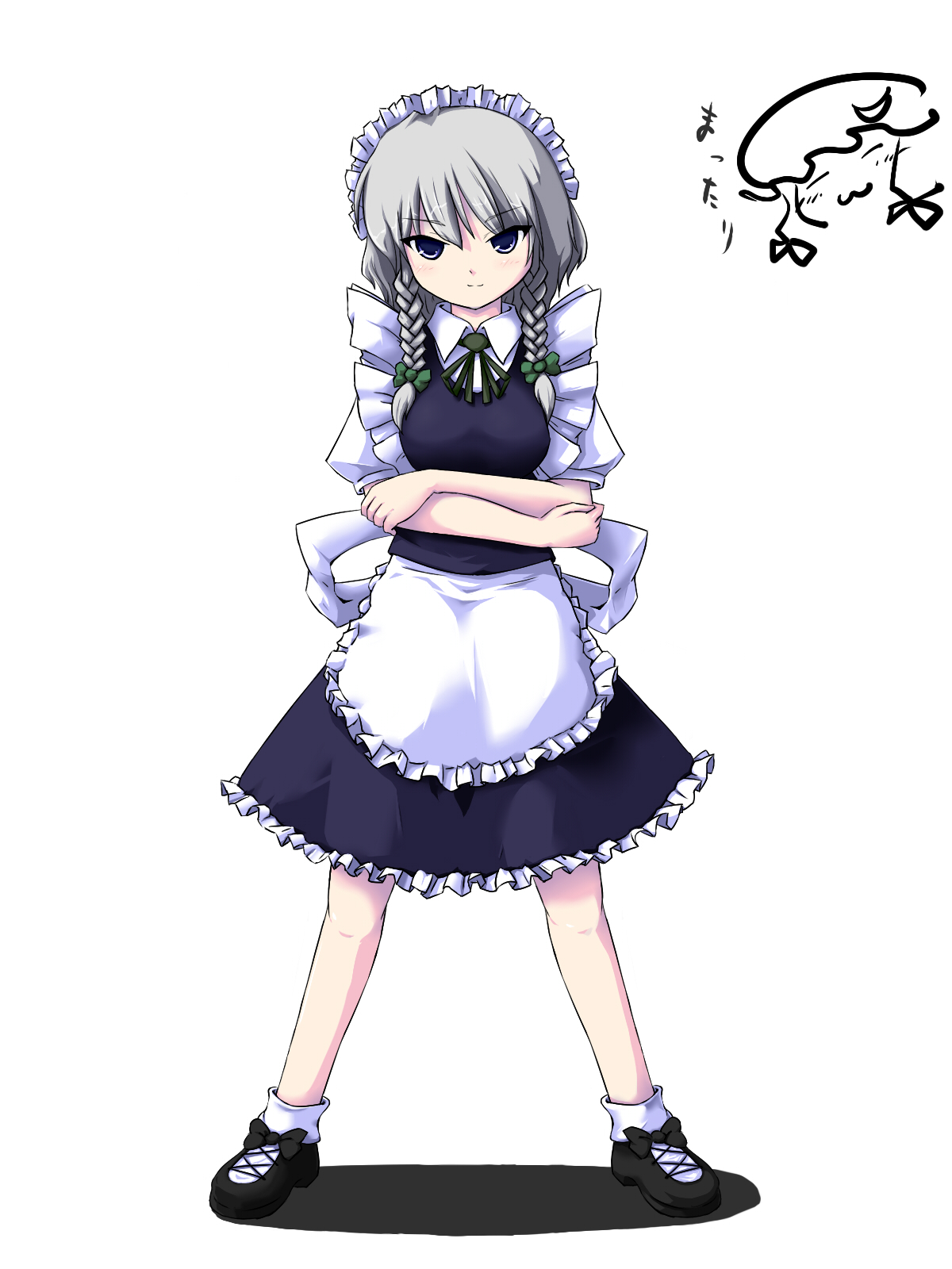 coo (coonekocoo), izayoi sakuya, touhou, silver hair, highres, 1girl, apron, blue eyes, braid, female focus, maid, maid apron, maid headdress, short hair, simple background, solo, twin braids, white background