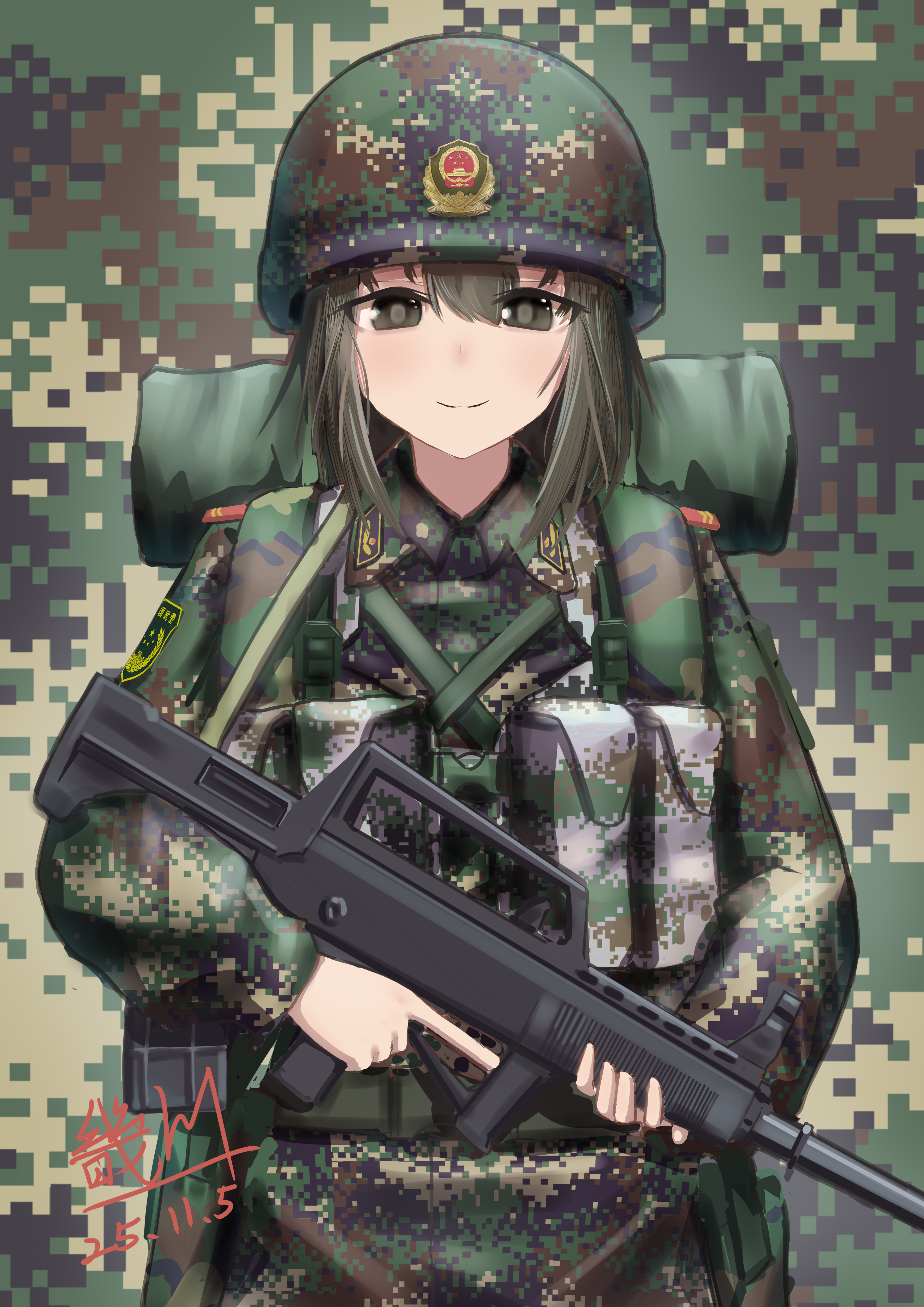 miliki, original, absurdres, commentary request, highres, 1girl, assault rifle, backpack, bag, bullpup, camouflage, camouflage background, dated, digital camouflage, gun, helmet, holding, holding gun, holding weapon, looking at viewer, military combat uniform, military uniform, people's armed police, police, police uniform, policewoman, qbz-95, rifle, signature, solo, straight-on, weapon