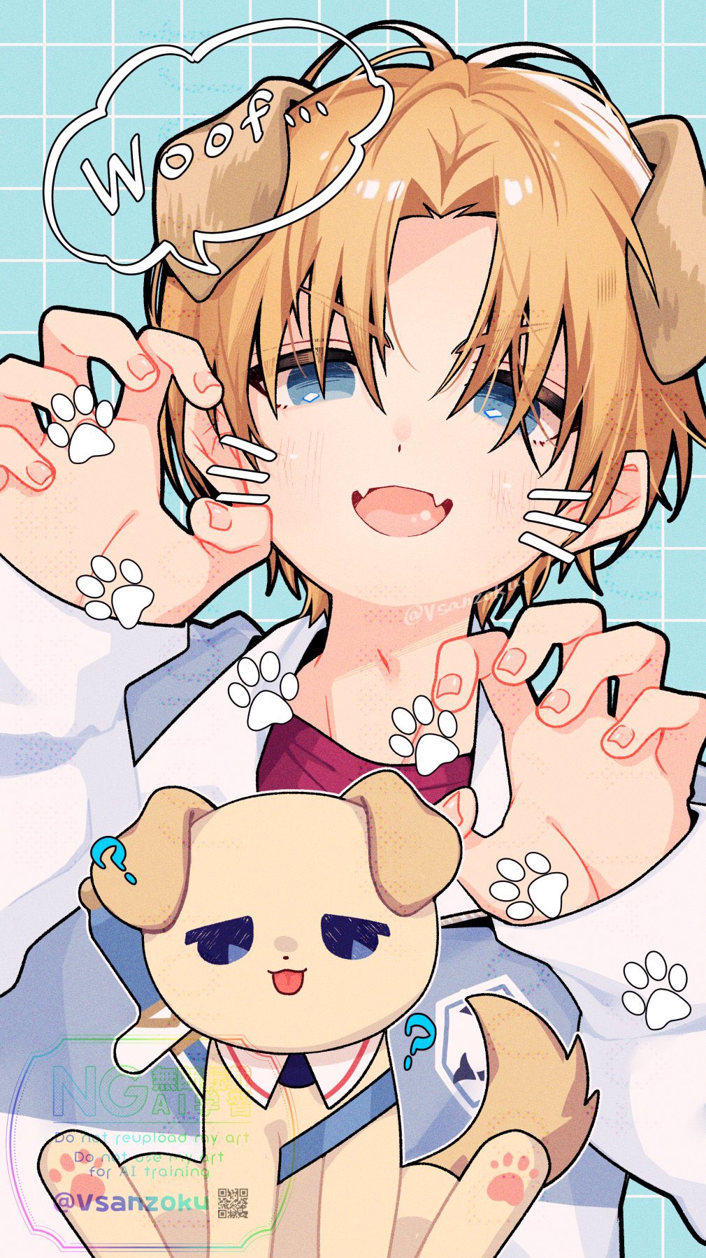 vsanzoku, ex albio, nijisanji, commentary, highres, symbol-only commentary, 1boy, ?, animal ears, blonde hair, blue eyes, dog, dog ears, eyes visible through hair, grid background, hair between eyes, hands up, kemonomimi mode, long sleeves, looking at viewer, male focus, parted lips, paw pose, shirt, short hair, sleeves past wrists, smile, solo, speech bubble, tongue, upper body, virtual youtuber, white shirt