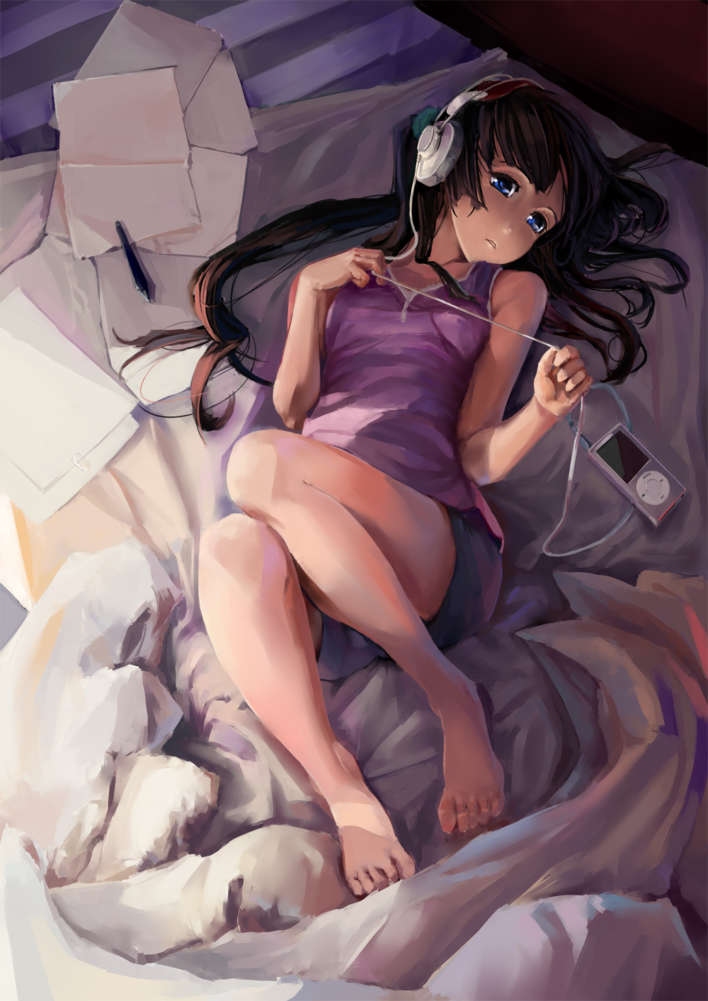 relax (artist), akiyama mio, akg, k-on!, highres, 00s, 1girl, akg k-series headphones, bare shoulders, barefoot, bed, black hair, blue eyes, feet, female focus, headphones, ipod, ipod nano, ipod nano 2g, legs, long hair, lying, mp3 player, on back, paper, pen, short shorts, shorts, solo, tank top, toes
