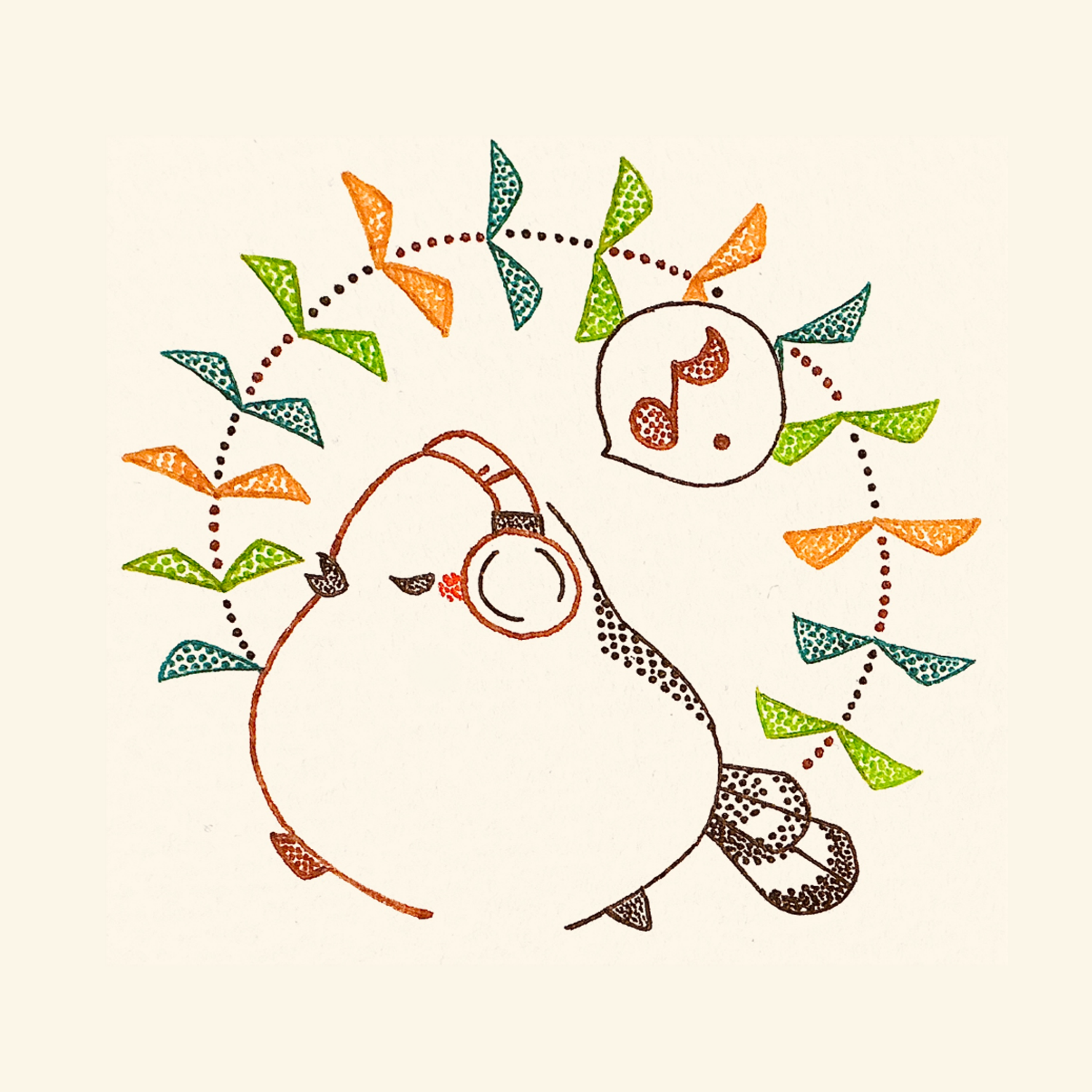 original, commentary request, highres, traditional media, animal focus, bird, closed eyes, headphones, listening to music, long-tailed tit, no humans, open mouth, solo, tit (bird), usagi shigeko