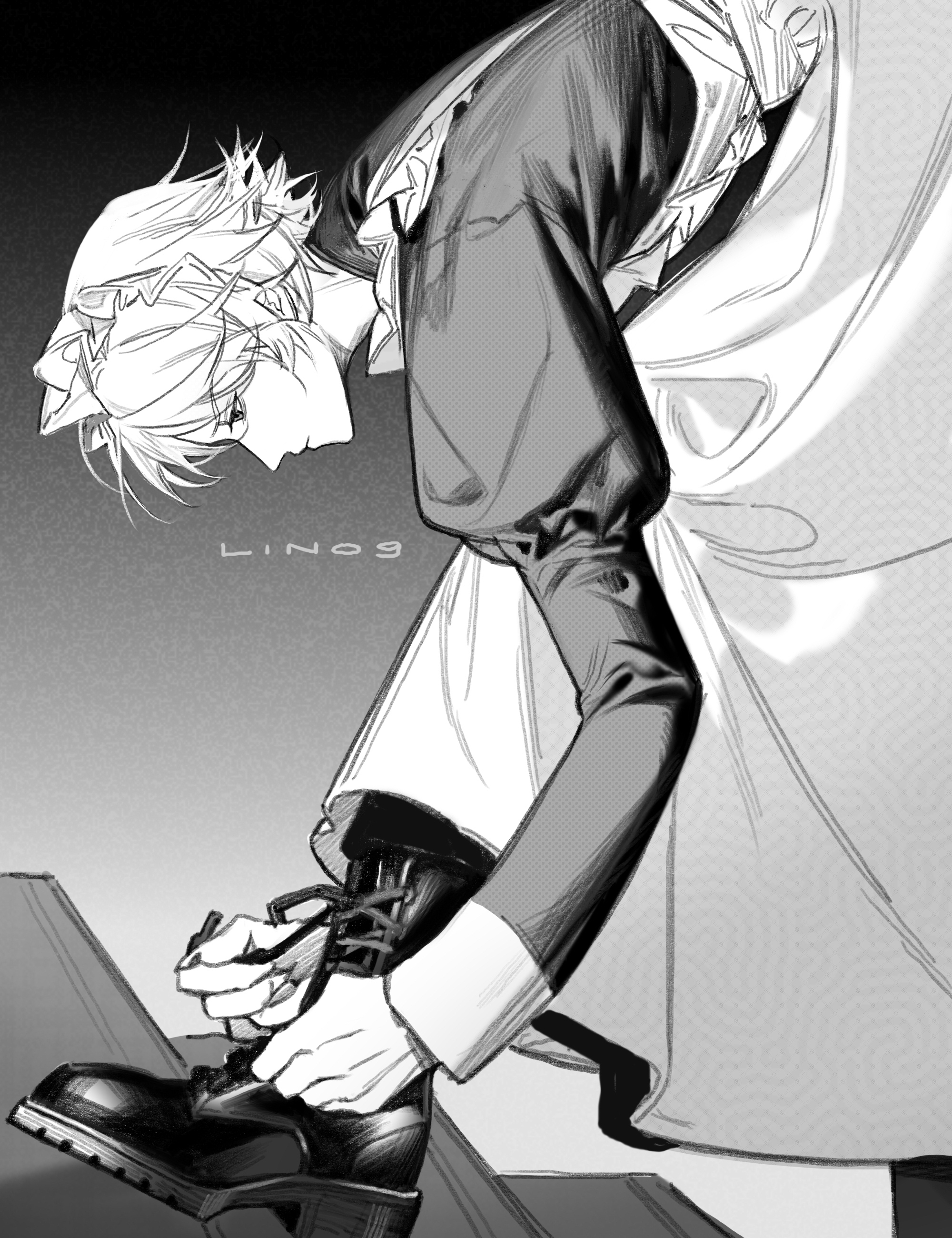 lin09, nero (devil may cry), devil may cry, devil may cry (series), devil may cry 4, absurdres, chinese commentary, commentary request, highres, 1boy, alternate costume, apron, artist name, boots, closed mouth, crossdressing, crossdressing (mtf), dress, enmaided, expressionless, from side, greyscale, juliet sleeves, long sleeves, maid, maid headdress, male focus, male maid, monochrome, puffy sleeves, short hair, solo, tying footwear, uneven footing