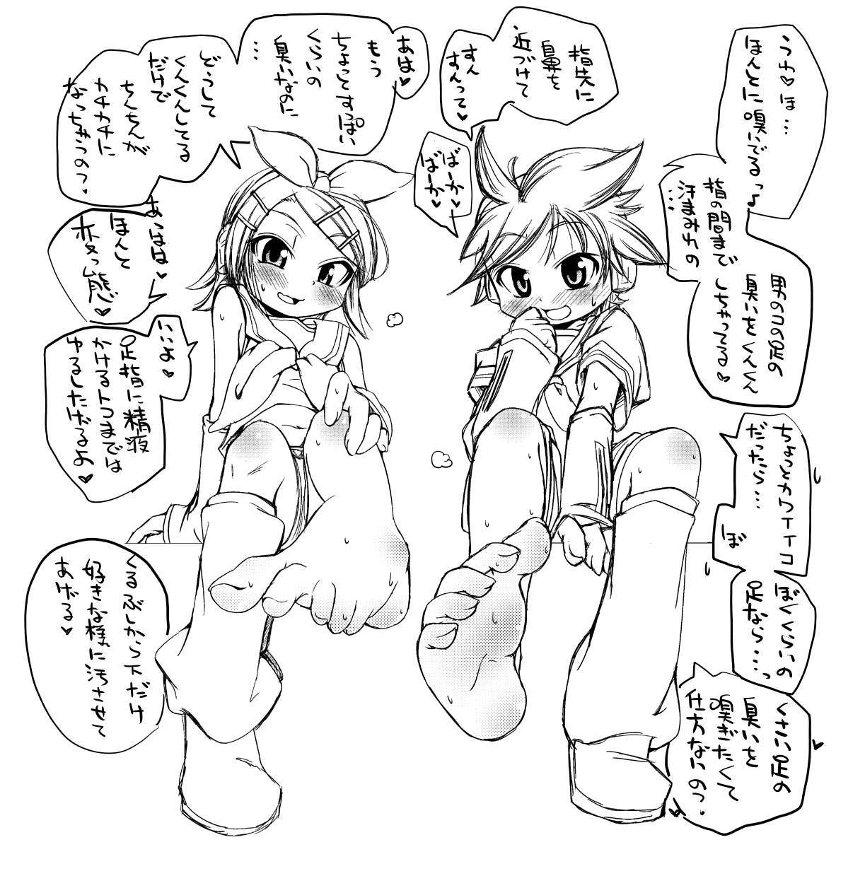 kakkuu (clutch shot king), kagamine len, kagamine rin, vocaloid, highres, translation request, 1boy, 1girl, barefoot, blush, brother and sister, feet, greyscale, monochrome, siblings, soles, toes, twins