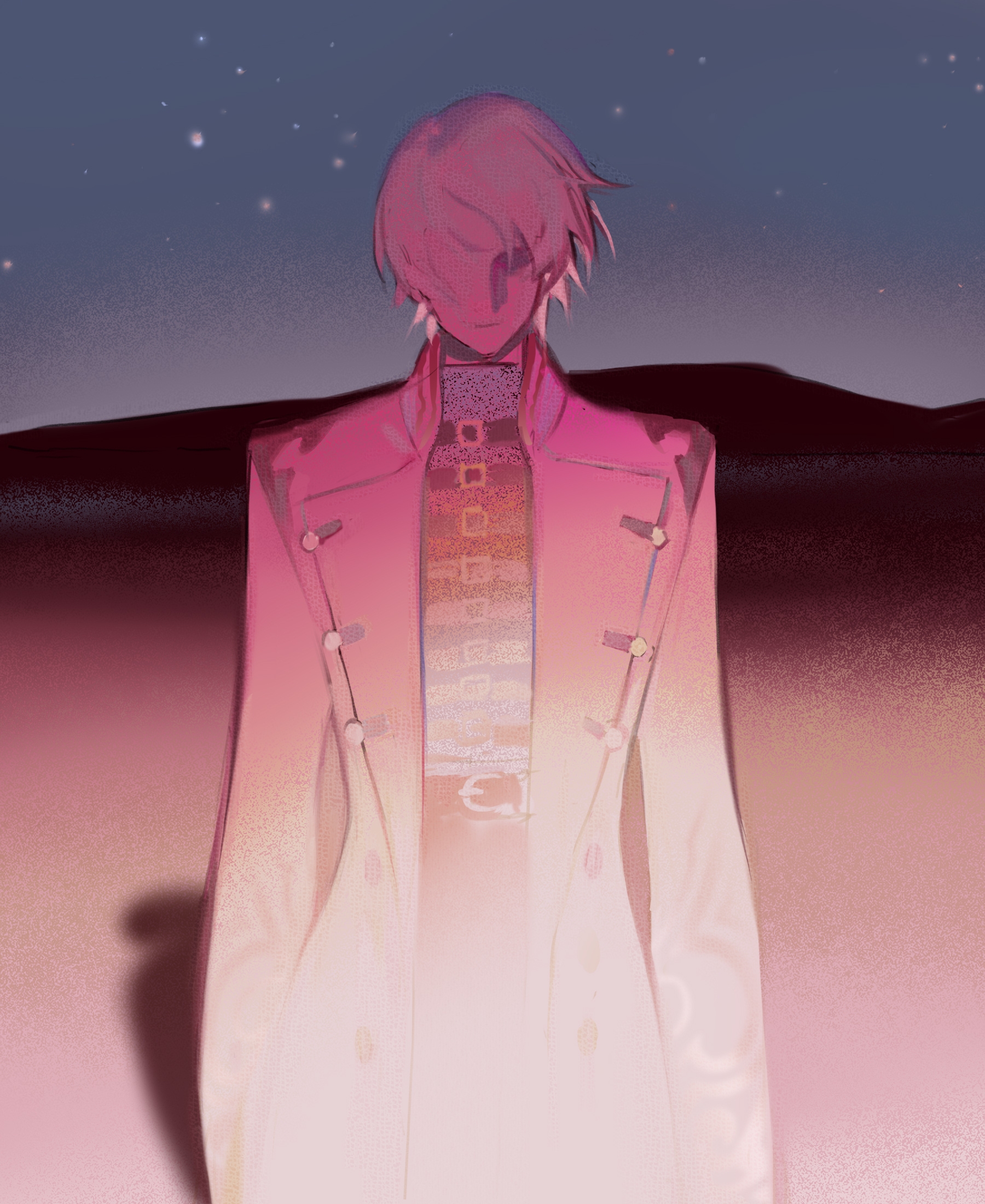 lin09, nero (devil may cry), devil may cry, devil may cry (series), devil may cry 4, chinese commentary, commentary request, highres, 1boy, belt, belt buckle, black belt, buckle, closed mouth, coat, cowboy shot, lapels, long sleeves, male focus, night, open clothes, open coat, outdoors, short hair, sky, solo, turtleneck, white coat, white hair