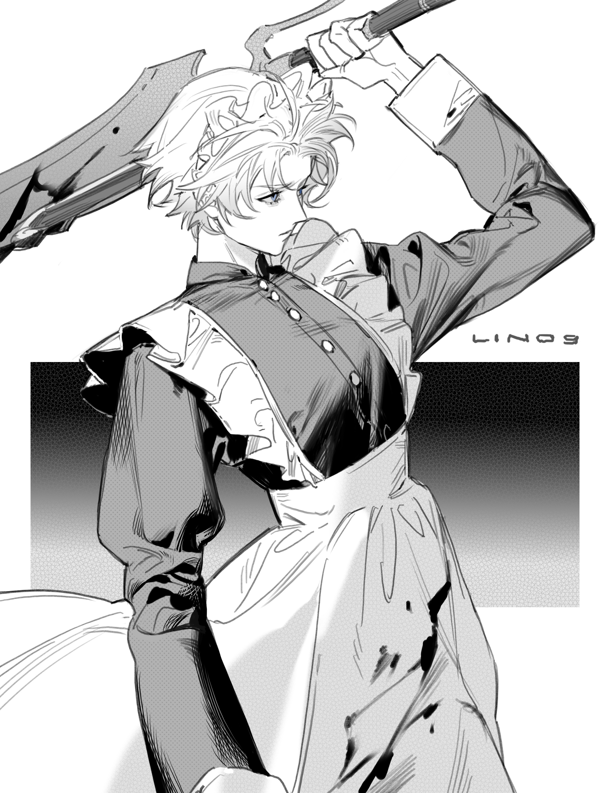 lin09, nero (devil may cry), devil may cry, devil may cry (series), devil may cry 4, absurdres, chinese commentary, commentary request, highres, 1boy, alternate costume, apron, arm up, artist name, blood, blood on clothes, bloody weapon, blue eyes, buttons, cowboy shot, crossdressing, crossdressing (mtf), enmaided, greyscale, holding, holding weapon, long sleeves, maid, maid headdress, male focus, male maid, monochrome, screentones, short hair, solo, spot color, weapon