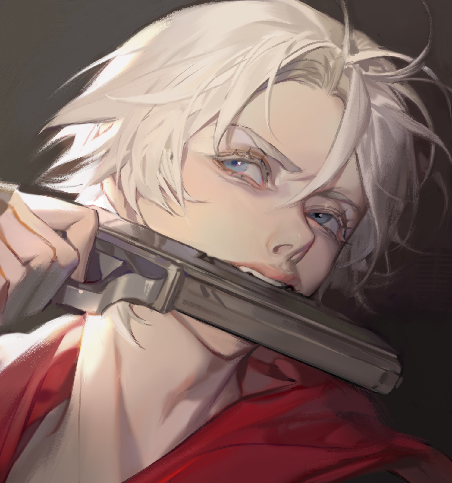 lin09, nero (devil may cry), devil may cry, devil may cry (series), devil may cry 4, chinese commentary, commentary request, highres, 1boy, black background, blue eyes, colored eyelashes, eyelashes, gun, gun in mouth, hair between eyes, holding, holding gun, holding weapon, male focus, portrait, red shirt, shirt, short hair, simple background, solo, weapon, white hair
