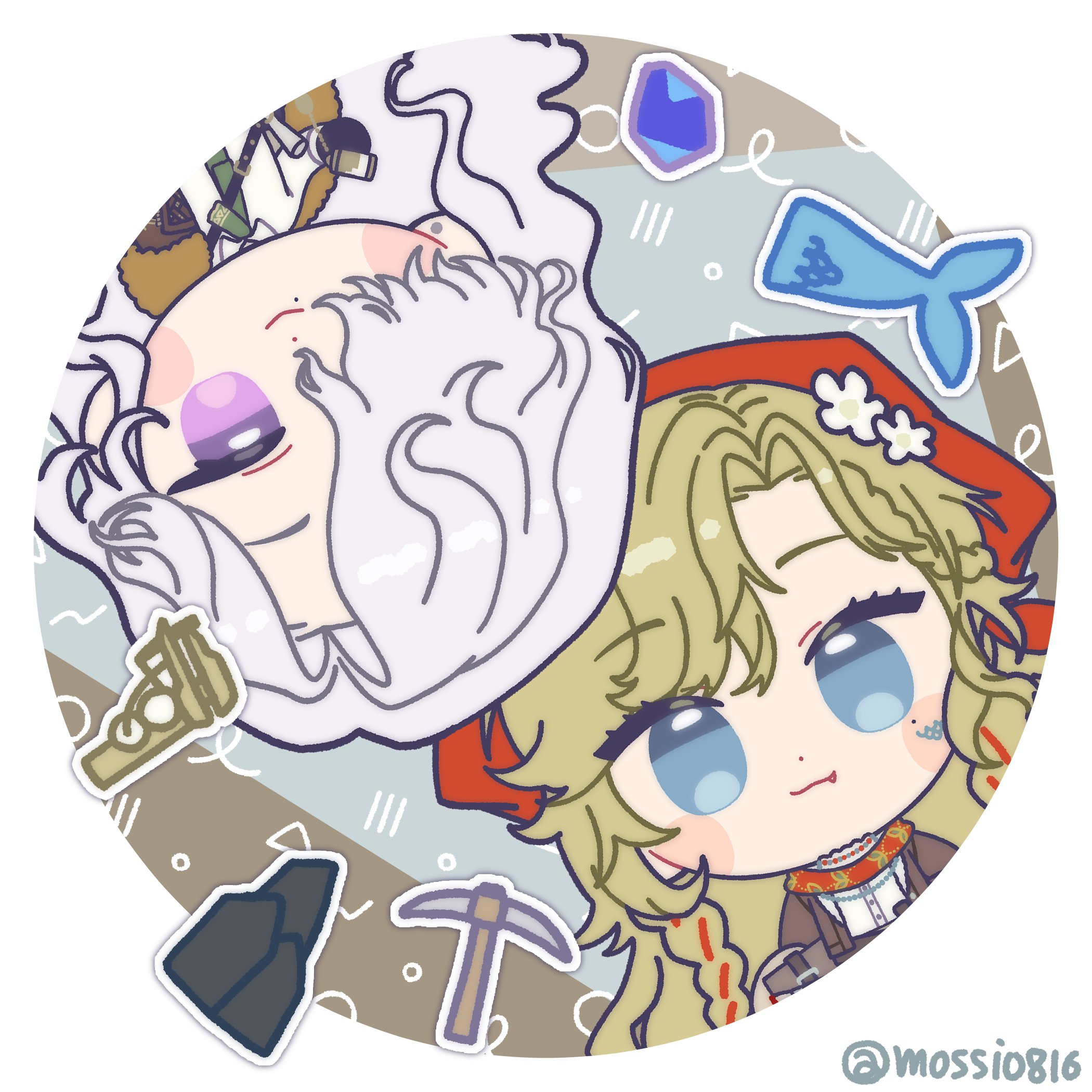 mossi (mossi0816), vila (reverse:1999), windsong (reverse:1999), reverse:1999, commentary request, highres, korean commentary, 2girls, :3, blonde hair, blue eyes, blue gemstone, brown coat, brown jacket, chibi, closed mouth, coat, fang, fang out, fish, fur-trimmed coat, fur trim, gem, green necktie, grey background, hair over one eye, headscarf, jacket, long hair, looking at viewer, mole, mole under eye, mole under mouth, multiple girls, necktie, one eye covered, pickaxe, purple eyes, red headscarf, red scarf, rock, rotational symmetry, round image, ruler, scarf, shirt, smile, twitter username, upper body, upside-down, white shirt