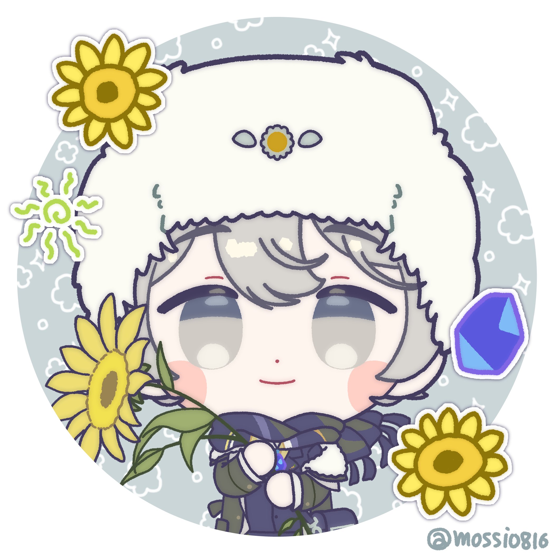 mossi (mossi0816), avgust (reverse:1999), reverse:1999, commentary request, highres, korean commentary, blue gemstone, blue jacket, chibi, closed mouth, coat, flower, gem, grey background, grey coat, grey eyes, grey hair, grey scarf, hat, holding, holding flower, jacket, looking at viewer, round image, scarf, short hair, smile, sun symbol, sunflower, twitter username, ushanka, yellow flower