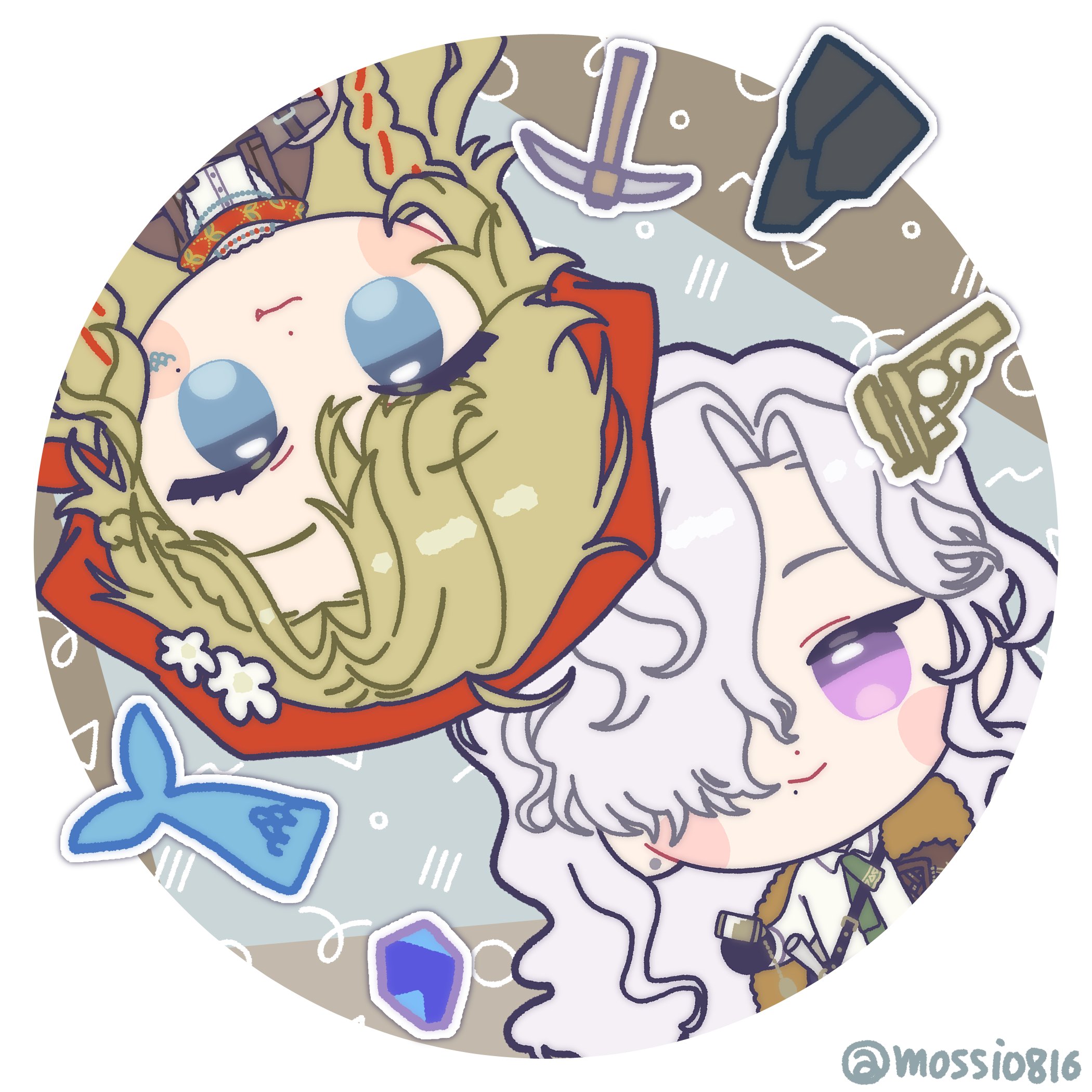 mossi (mossi0816), vila (reverse:1999), windsong (reverse:1999), reverse:1999, highres, 2girls, :3, blonde hair, blue eyes, blue gemstone, brown coat, brown jacket, chibi, closed mouth, coat, fang, fang out, fish, fur-trimmed coat, fur trim, gem, green necktie, grey background, hair over one eye, headscarf, jacket, long hair, looking at viewer, mole, mole under eye, mole under mouth, multiple girls, necktie, one eye covered, pickaxe, purple eyes, red headscarf, red scarf, rock, rotational symmetry, round image, ruler, scarf, shirt, smile, twitter username, upper body, upside-down, white shirt