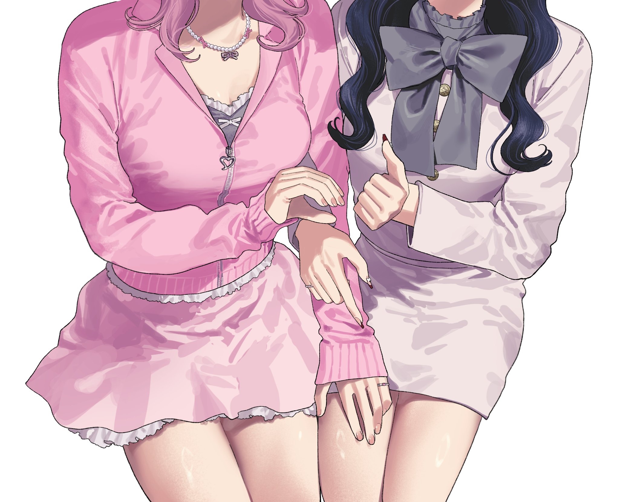 original, highres, 2girls, bead necklace, beads, black hair, bow, dekaparfait, frilled shirt collar, frills, grey bow, hand on another's arm, hand on another's thigh, head out of frame, heart hands failure, invisible chair, jacket, jewelry, long sleeves, multiple girls, necklace, pink hair, pink jacket, pink skirt, shirt, simple background, sitting, skirt, thumbs up, white background, white shirt, white skirt