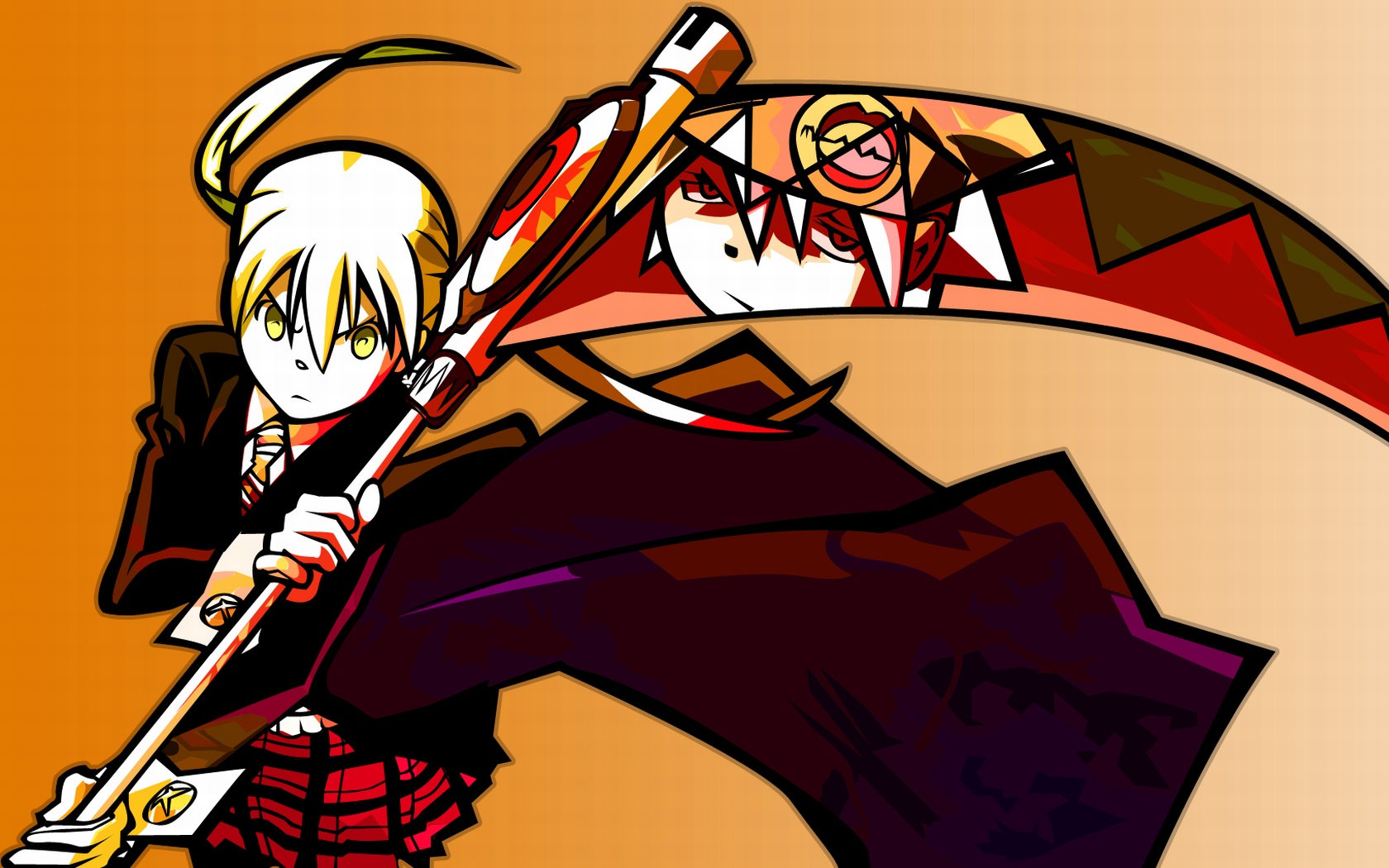 maka albarn, soul evans, soul eater, derivative work, highres, vector trace, 00s, blonde hair, plaid clothes, plaid skirt, scythe, short hair, skirt, twintails
