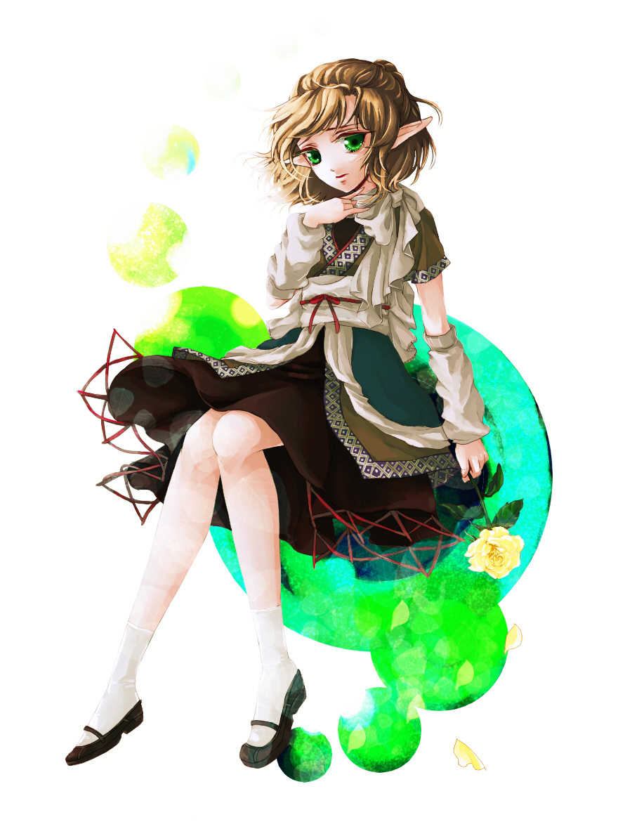 awa toka, mizuhashi parsee, touhou, bad id, bad pixiv id, 1girl, arm warmers, black shoes, blonde hair, female focus, flower, full body, green eyes, mary janes, pointy ears, rose, scarf, shoes, short hair, sitting, solo