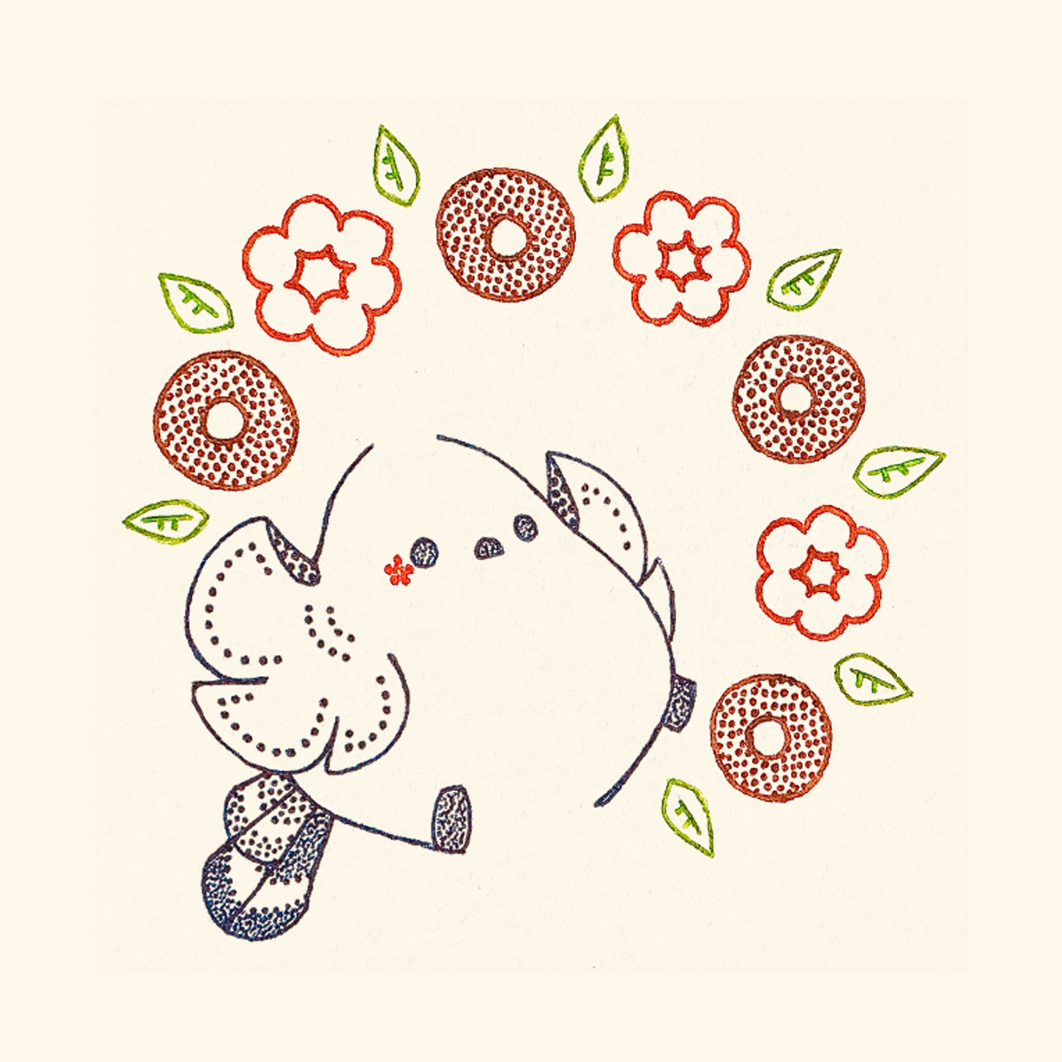 original, commentary request, highres, traditional media, animal focus, bird, donut, food, leaf, long-tailed tit, no humans, simple background, solo, tit (bird), usagi shigeko, white background