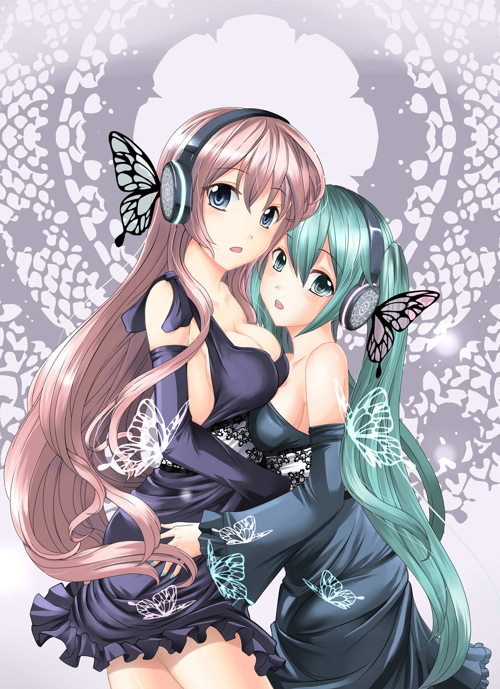 miyuki rei, hatsune miku, megurine luka, magnet (vocaloid), vocaloid, highres, 2girls, aqua eyes, aqua hair, bare shoulders, blue eyes, breast press, breasts, bug, butterfly, butterfly wings, cleavage, dress, headphones, insect, insect wings, long hair, multiple girls, open mouth, pink hair, twintails, wings, yuri