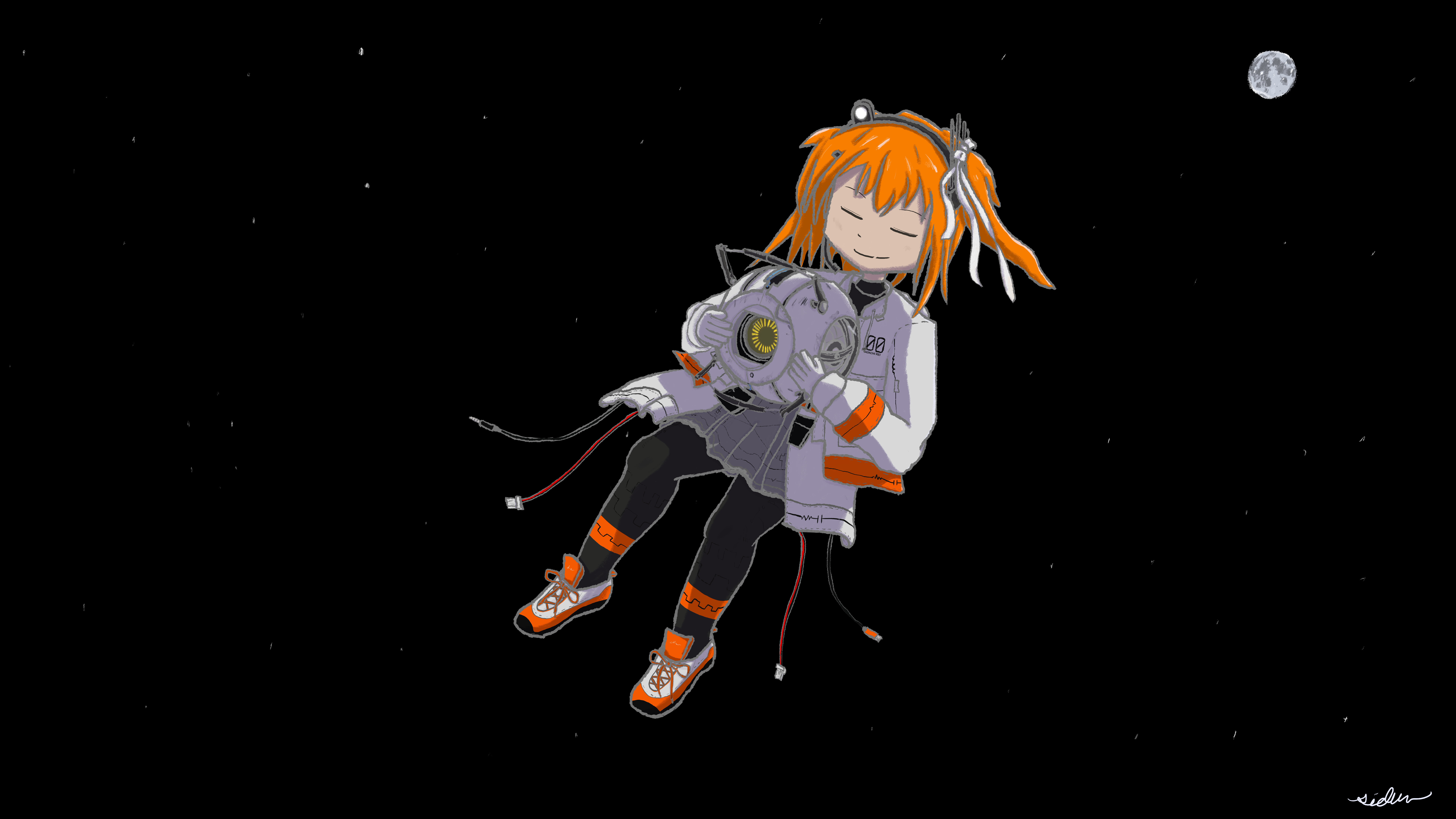 adachi rei, apollo, personality core, space core, half-life (series), portal, portal (series), portal 2, utau, utau bot (utau), vocaloid, audible music, game cg, parody request, reference request, 1girl, 1robot girl, abandoned, aglet, ahoge, alternate ending, androgynous, android, antennae, artist logo, artist name, artist self-reference, astronaut, audio jack, belt, black pantyhose, bow, cable, closed eyes, closed mouth, clothes writing, coat partially removed, computer chip, cover, dreaming, eyelids, falling, female focus, first-party edit, first-party source, flashlight, floating, floating clothes, floating hair, floating object, glass lens, gloves, graphics card, hair ribbon, half-life 2: lost coast, handlebar, happy, hard drive, hazard stripes, headgear, headphones, headphones over headwear, headset, hinge, holster, hugging object, jacket over hoodie, kilt, knees up, lab coat, led, light smile, lighting practice, logo, loose clothes, machinery, moon, mszsc, music video, number tattoo, object through head, orange eyes, orange hair, orange shoes, pantyhose, patterned clothing, patterned gloves, patterned legwear, physics, picture frame, pocket, pose imitation, related, ribbon, robot, rotating block, router, running shoes, sata cable, satellite, science fiction, scratched paint, screw, screw in head, searching for a world that doesn't exist, searchlight, shadow, shirt, shoelaces, shoes, short hair with long locks, side ponytail, simple background, skirt, sleeping, song name, space, sphere body, star (sky), tattoo, transistor (object), turtleneck, turtleneck shirt, usb b cable, usb cable, utauloid, utility belt, valve, valve corporation, video game cover, waveform, white gloves, white ribbon, white ribbonred hairband, wireless, yellow eyes, youtube username, zero gravity, zipper